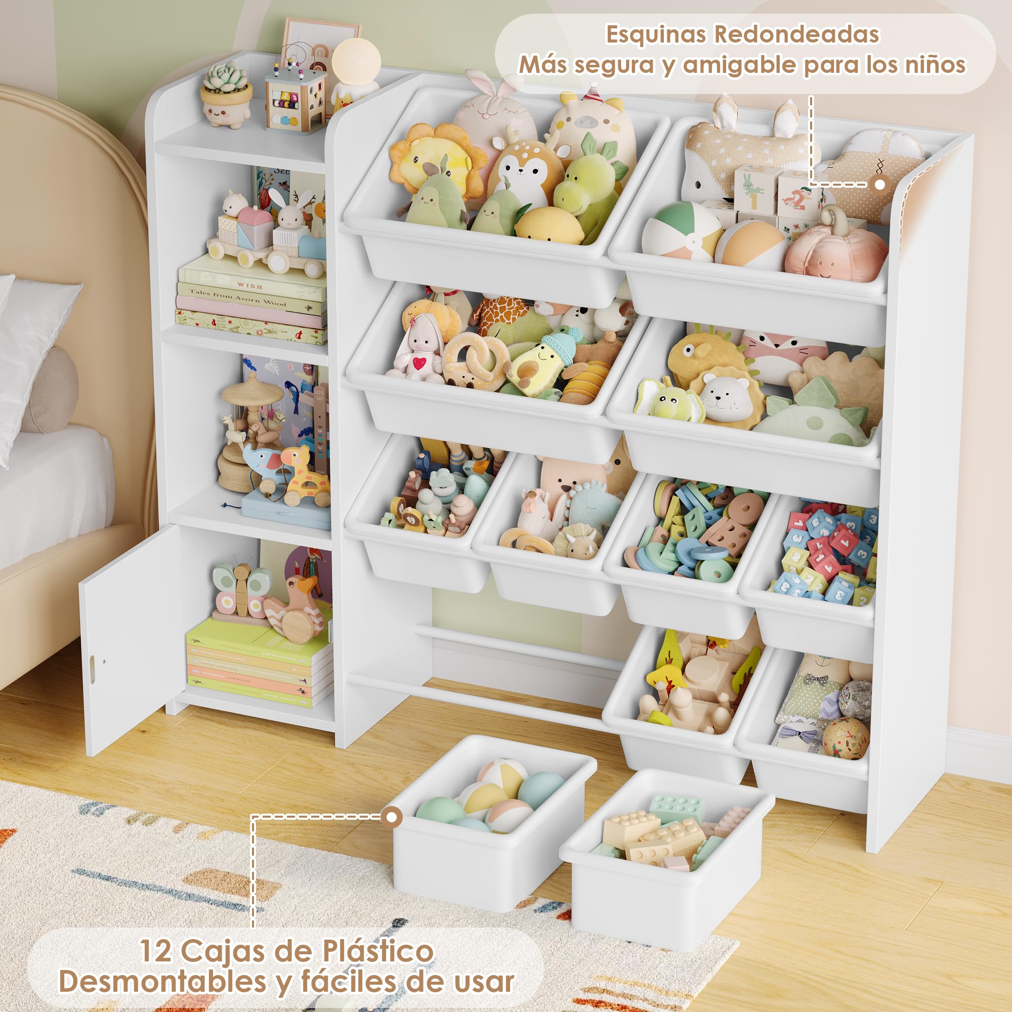 FOREHILL Mueble Almacenaje Juguetes Librería Infantil Montessori Estantería Infantil para Jugetes Organizador Juguetes Niños, Blanco, 12 Cajas Extraíbles para Dormitorios Guardería 112.5x30x100cm