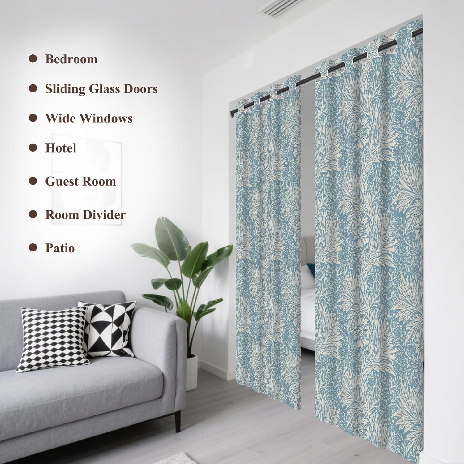 AWERT Plants Thick Linen Window Curtains 84 inch Length 2 Panels Blue Flowers Leaves Printed Beige Light Filtering Drapes for Room Dividers Bedroom Living Room Patio Door Curtains 52x84 Inches