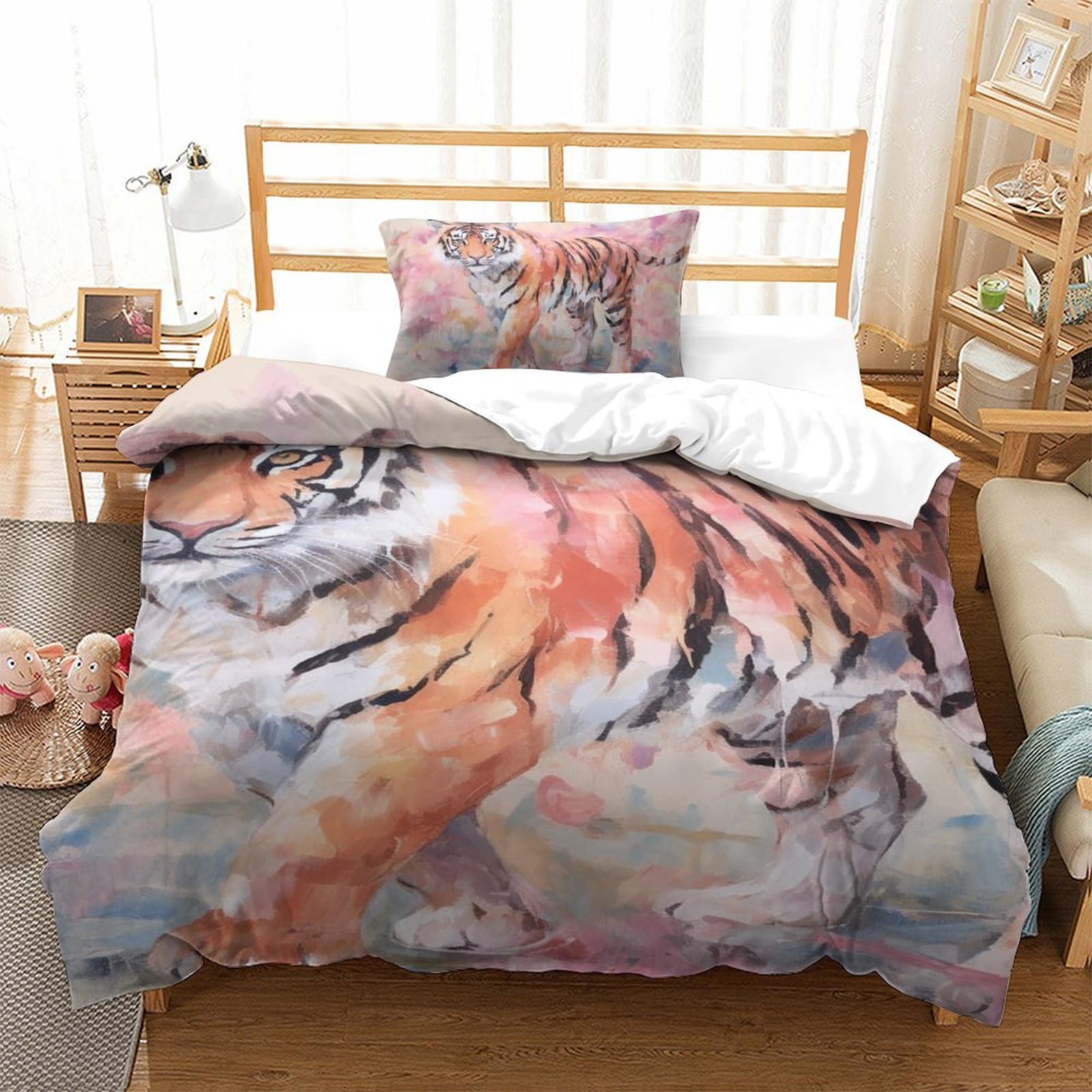Parure de lit tigre 3D housse de couette 135x200cm microfibre taie d'oreiller enfant