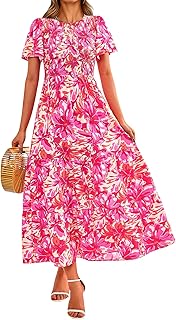 Women's 2025 Summer Casual Flutter Short Sleeve Boho Floral Maxi Dress Crew Neck Smocked Tiered Long Dresses