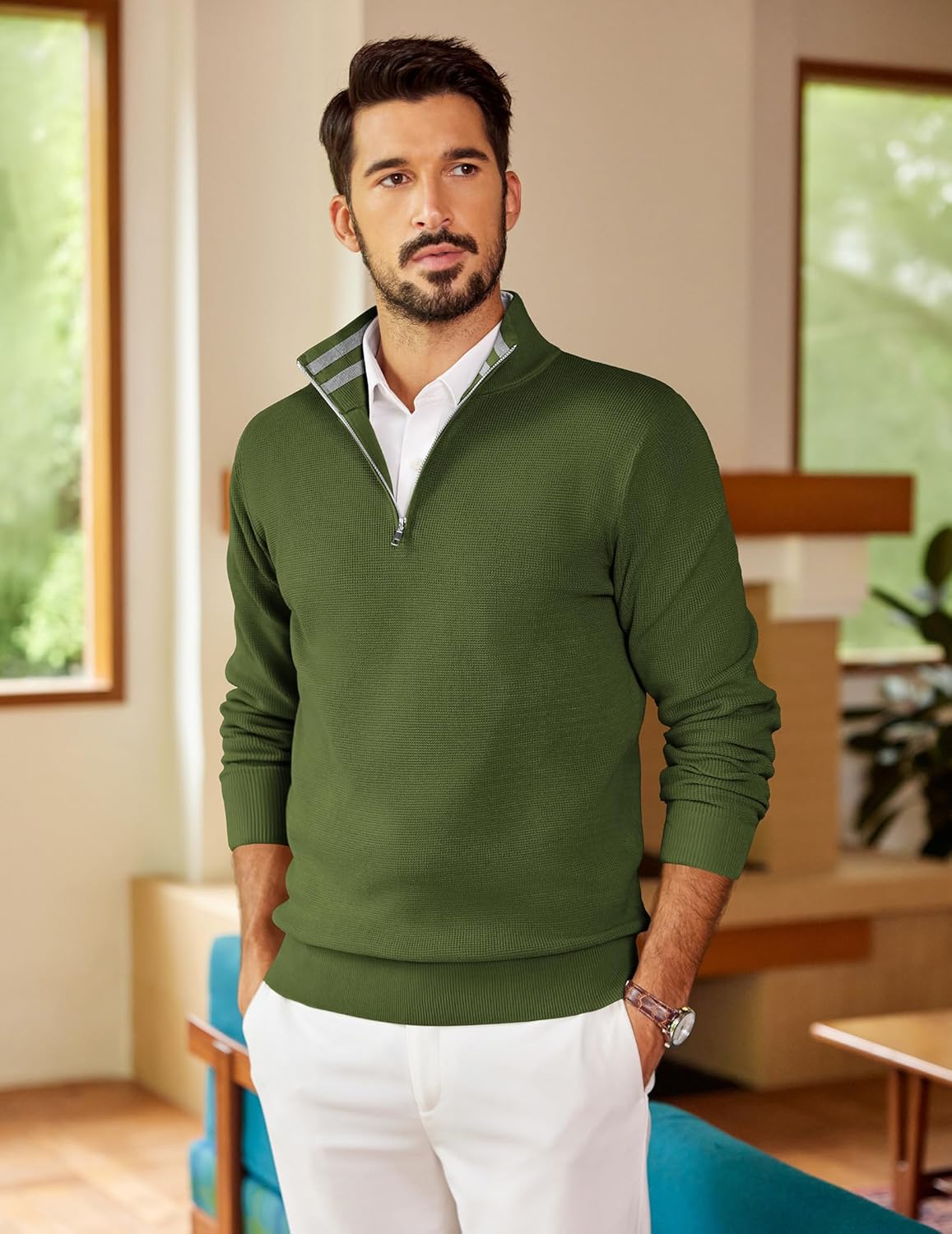 COOFANDY Mens Quarter Zip Pullover Slim Fit Lightweight Sweater Casual Mock Neck Knit Polo Sweater - Image 5
