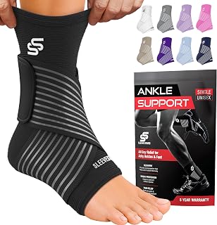Sleeve Stars Ankle Brace for Sprains & Plantar Fasciitis - Adjustable Compression Sleeve w/ Removable Strap for Men & Women (M: 10-12", Black)