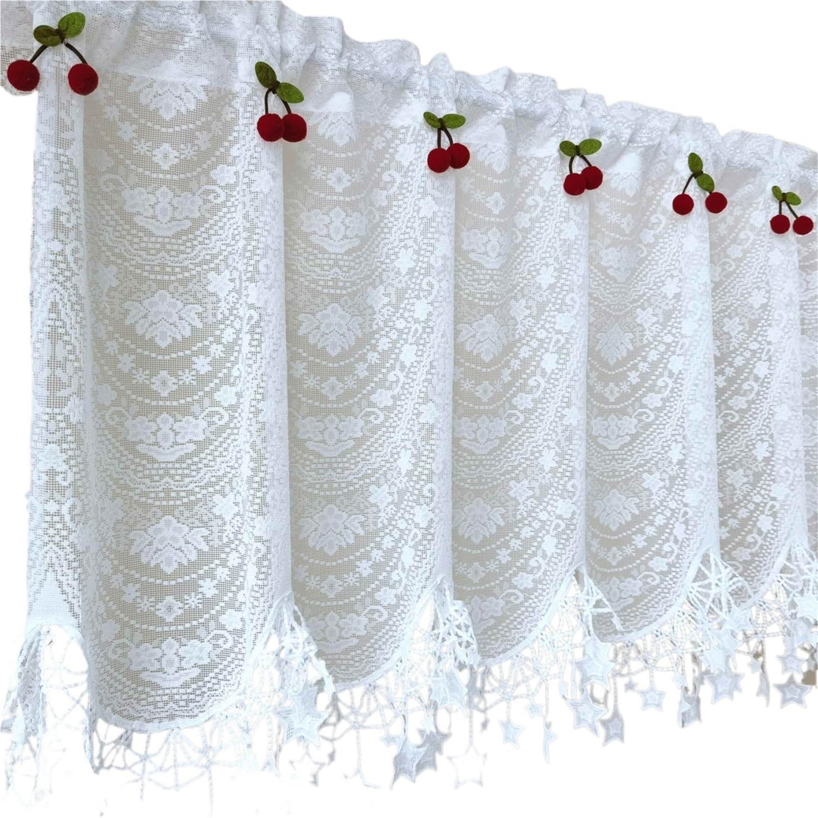 LNNXSZ Short Curtains White Lace Embroidery Tulle Kitchen Curtain Cherry Pentagram Wavy Short Cute Coffee Half Window(1pc W100xH60cm)