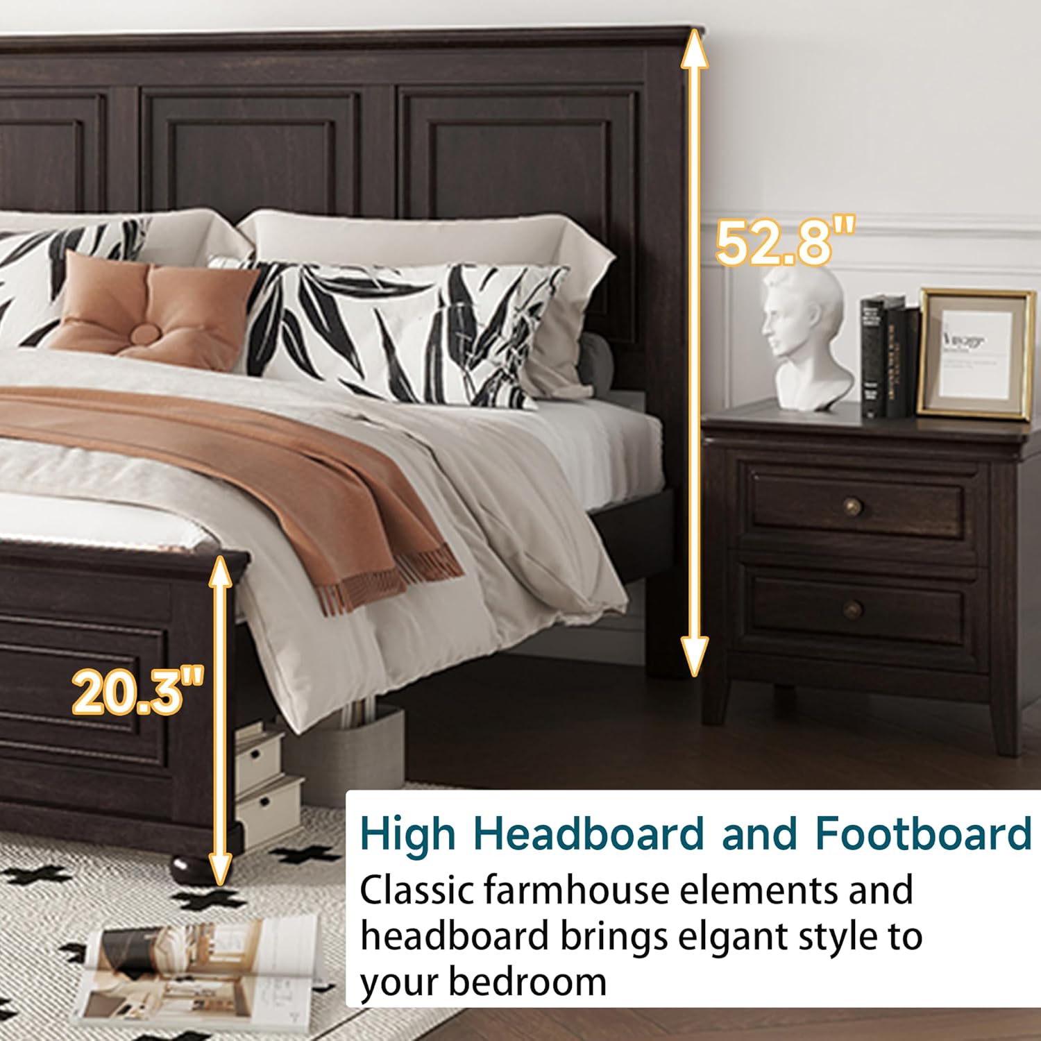 Farmhouse King Bed Frame with Tall Headboard, Wood Platform Bed and Footboard & Charging Station, Mid-Centery Rustic King Panel Beds with Slats Support, No Box Spring Needed, Rustic Brown