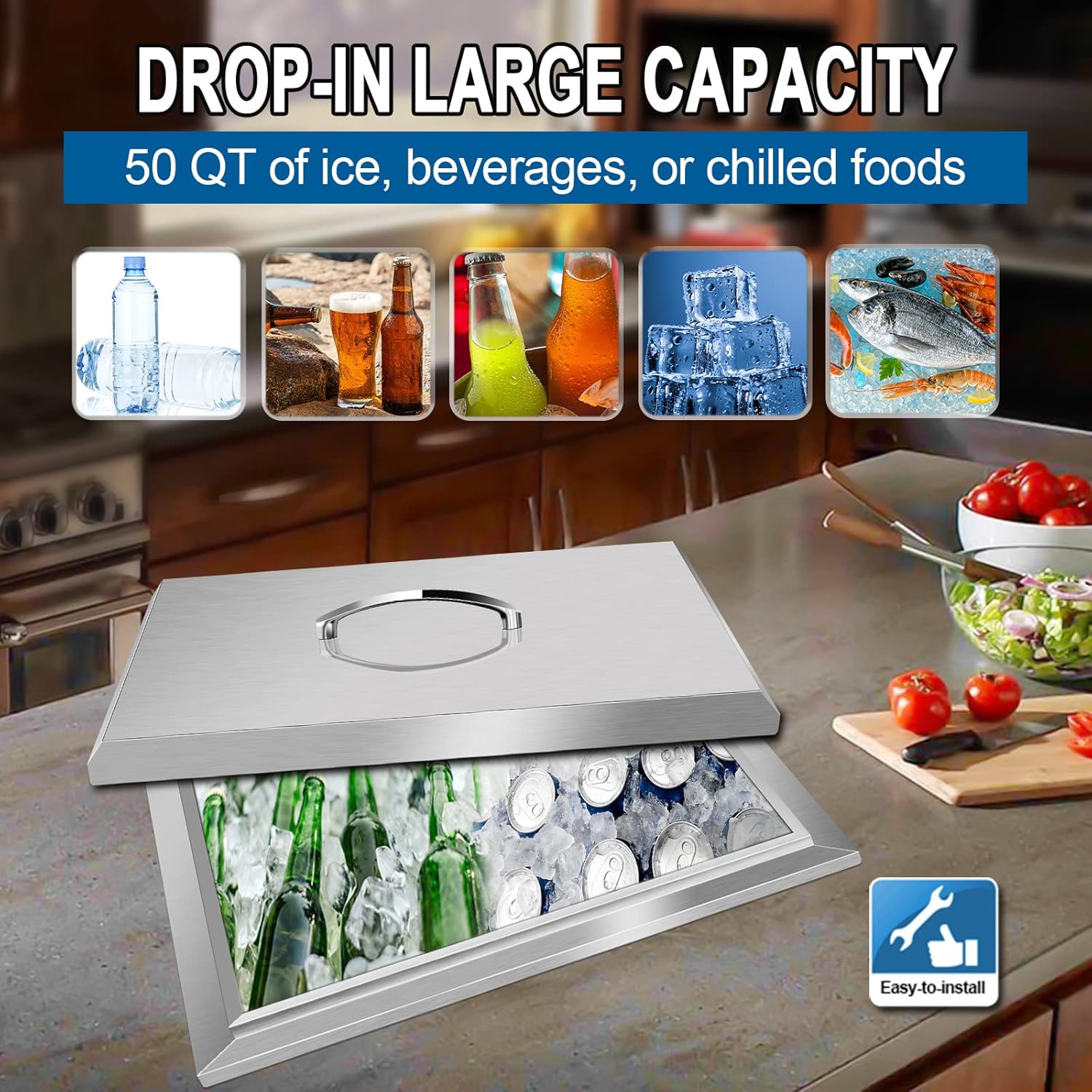 Drop-in Ice Chest, 20.5L x 20.5W x 13H Inch Stainless Steel Ice Cooler with Removable Cover, Drop in Ice Bin Included Drain-Pipe & Drain Plug for Cold Wine Beer Beverage