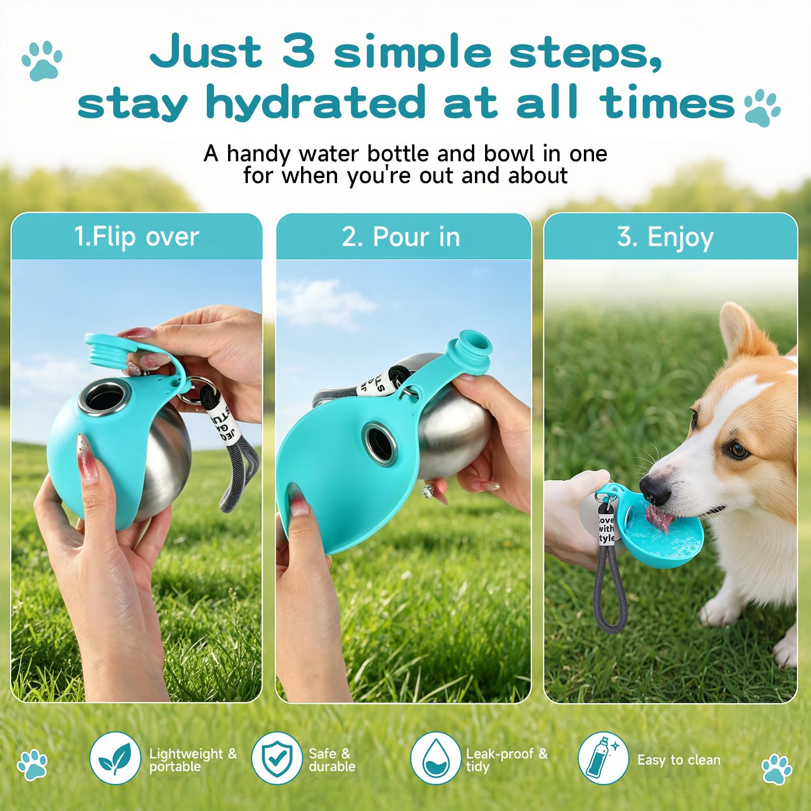 Borraccia portatile per cani, 285 ml, in acciaio inossidabile con ciotola pieghevole in silicone – Antigoccia, ideale per cani e gatti in inverno, in viaggio e in campeggio (Blu)