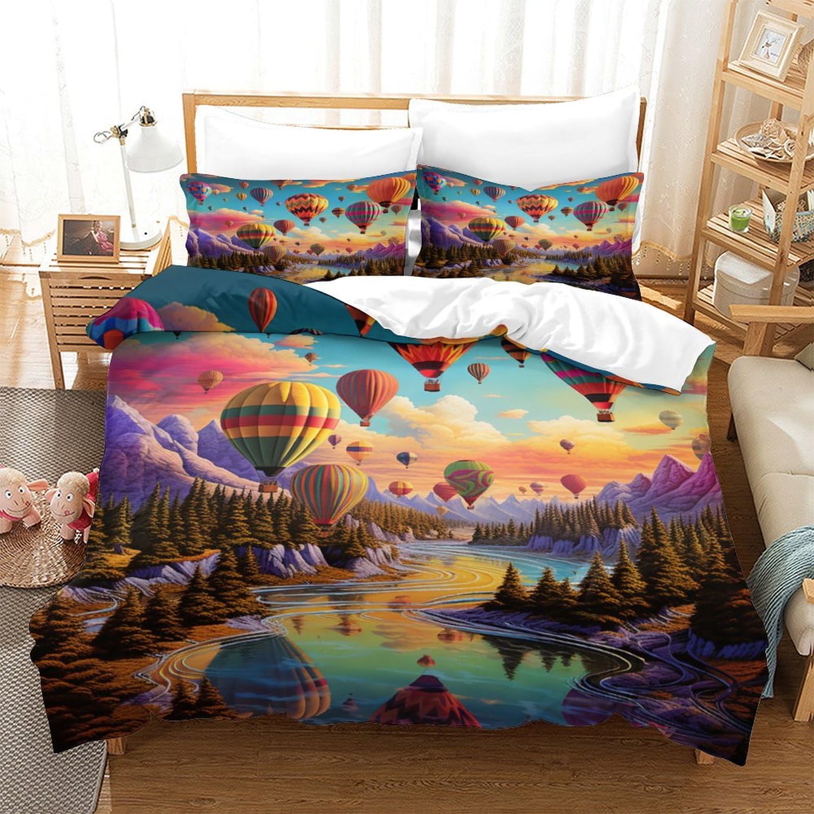 Housse de couette hypoallergénique et douce parure de lit motif montgolfière