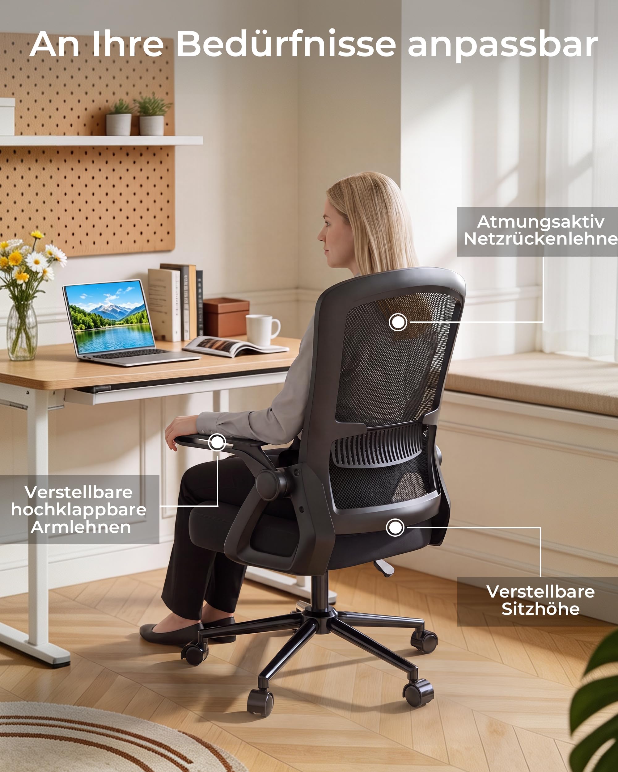 rattantree Schreibtischstuhl Ergonomischer Schwarz für Zuhause Büro | Bürostuhl mit Verstellbaren Armlehnen, Drehstuhl mit Netzbespannung, Lordosenstütze, Höhenverstellbarer, Wippfunktion