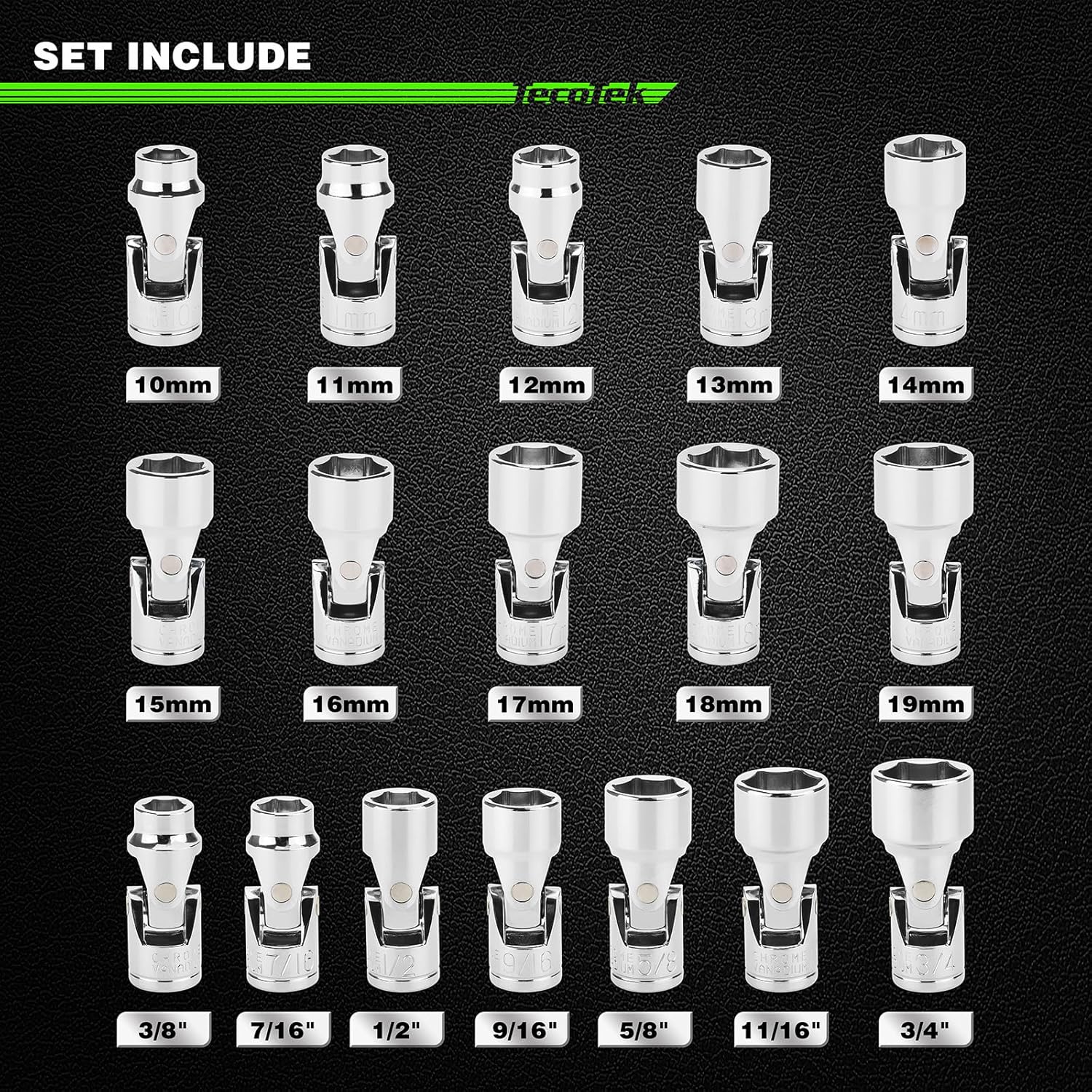 17-Piece 3/8-Inch Drive Universal Joint Socket Set, Swivel Socket Set, 6-Point, SAE (3/8 to 3/4) and Metric (10mm to 19mm), CR-V, Universal Flex Socket for Easier Access to Tight Spaces