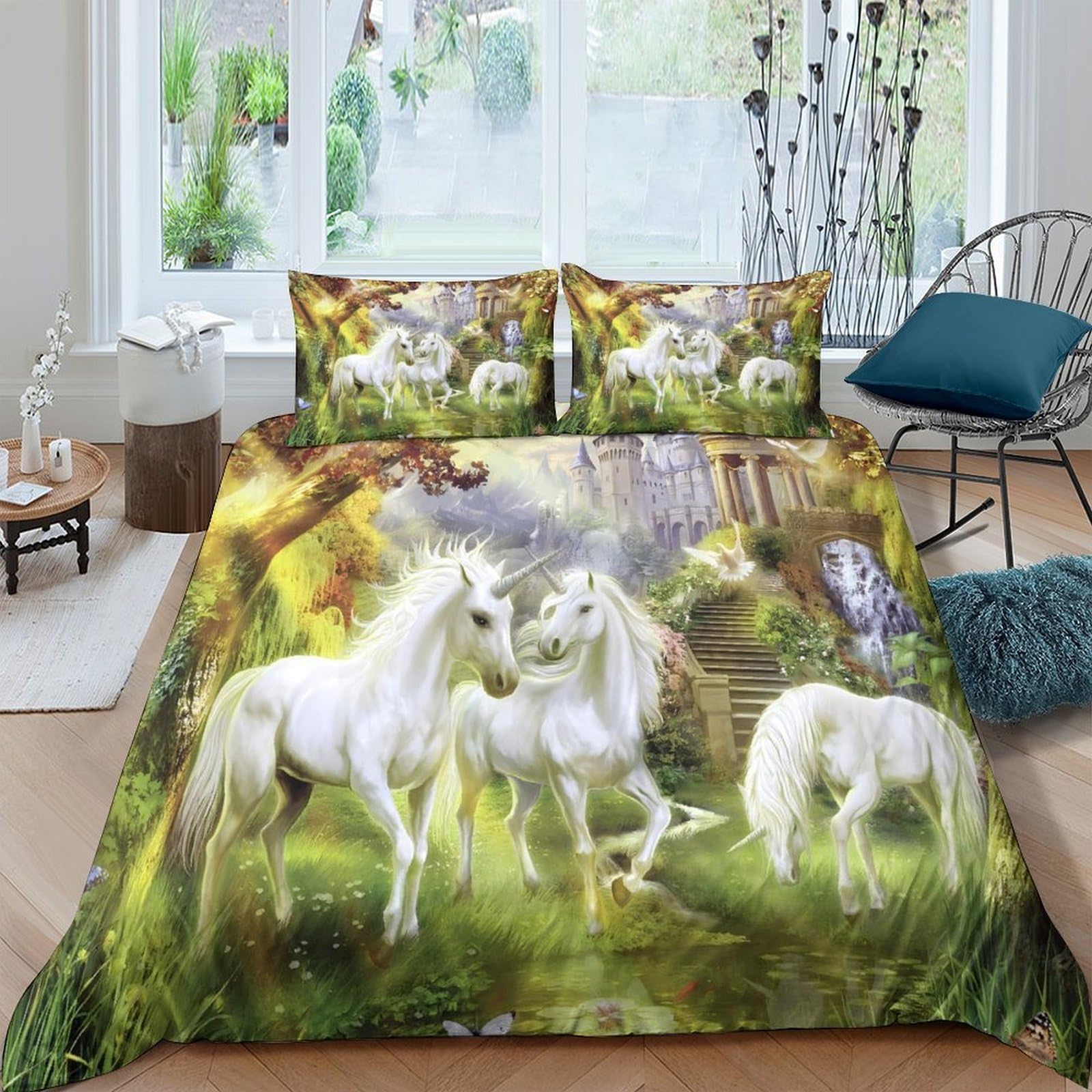 Ctjqhvkz Style-6 3D Printed White Unicorn Fitted Sheet Microfiber Soft Anti-Slip Forest Fantasy Mattress Cover For Bedroom Guest Room Decor Single（135X200cm）
