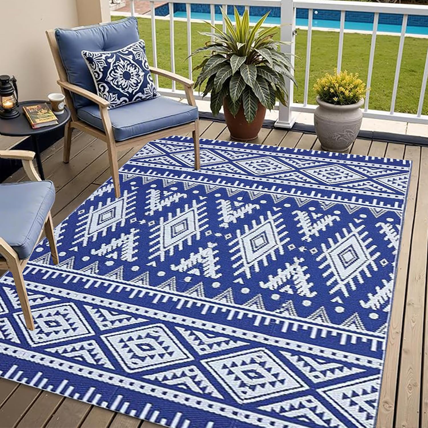 Dywan Balkonowy Bohemian,180x270 Lekki Plastikowy Dywanik ze Słomy na Zewnątrz Wodoodporny Dywanik Przy Basenie Przenośne Dwustronne Dywaniki do Ogrodu,Tarasów,Kempingu,Pikniku,Niebiesko-Biały