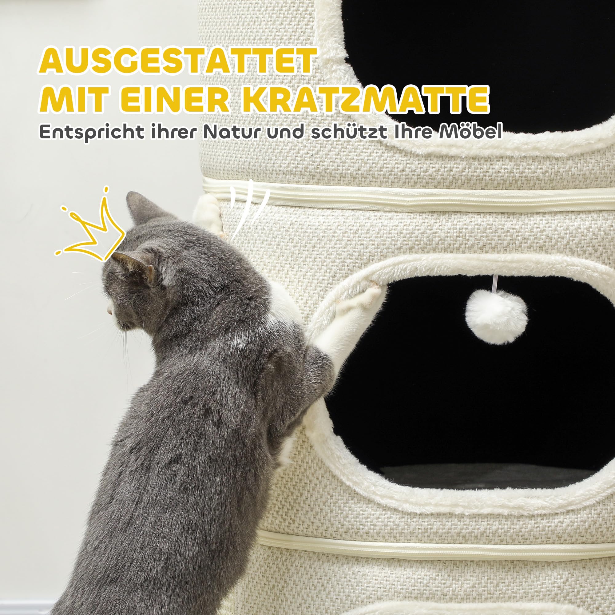 PawHut Tonneau à griffer, 100 cm de Haut Tonneau à Chat avec 3 cavités, Arbre à Chat avec balles de Jeu, Tour pour Chats en sisal, pour Chat jusqu'à 6 kg, Beige+CrèmeBlanc