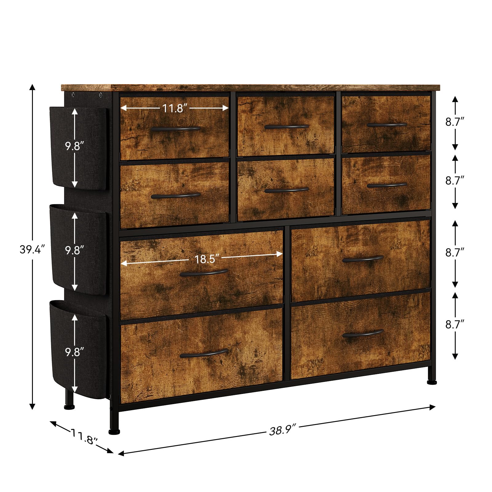GarveeLife Cajonera Almacenaje 10 Cajones,Vintage Negro | Amplio mueble almacenaje con 10 cajones de tela suave, para ropa, accesorios y objetos domésticos 99×30×100 cm