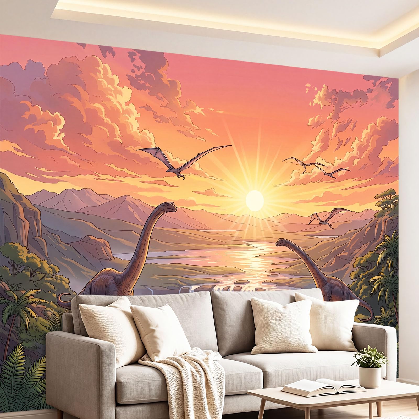 Fototapeta ścienna z włókniny 3D, dinozaur wodospad zachód słońca, niestandardowa panoramiczna dekoracja ścienna, kreskówkowy projekt przygodowy do salonu, kuchni, sypialni 200 x 140 cm (szer. x wys.)
