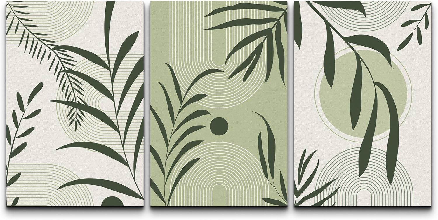 NWT Canvas Print Wall Art Set Mid-Century Modern Sage Green Tropical Leaf Nature Wilderness Illustrations Modern Art Decorative Minimalist Floral Botanical for Bedroom - 24"x36" x 3