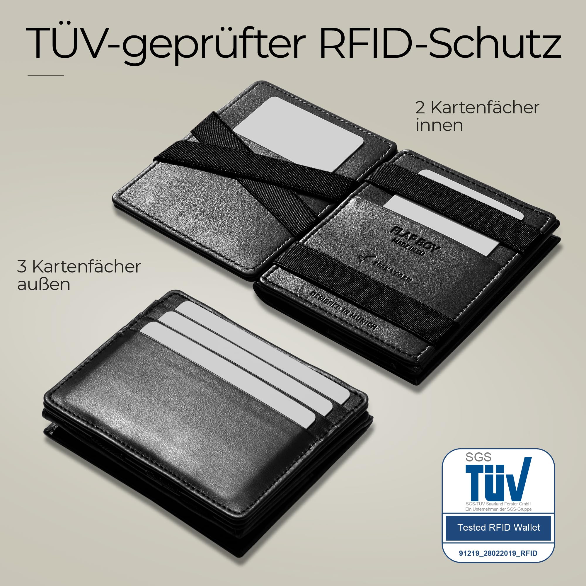 Jaimie Jacobs Flap Boy Vegan Magic Wallet mit Münzfach Kreditkartenfächern RFID-Schutz (Schwarz)