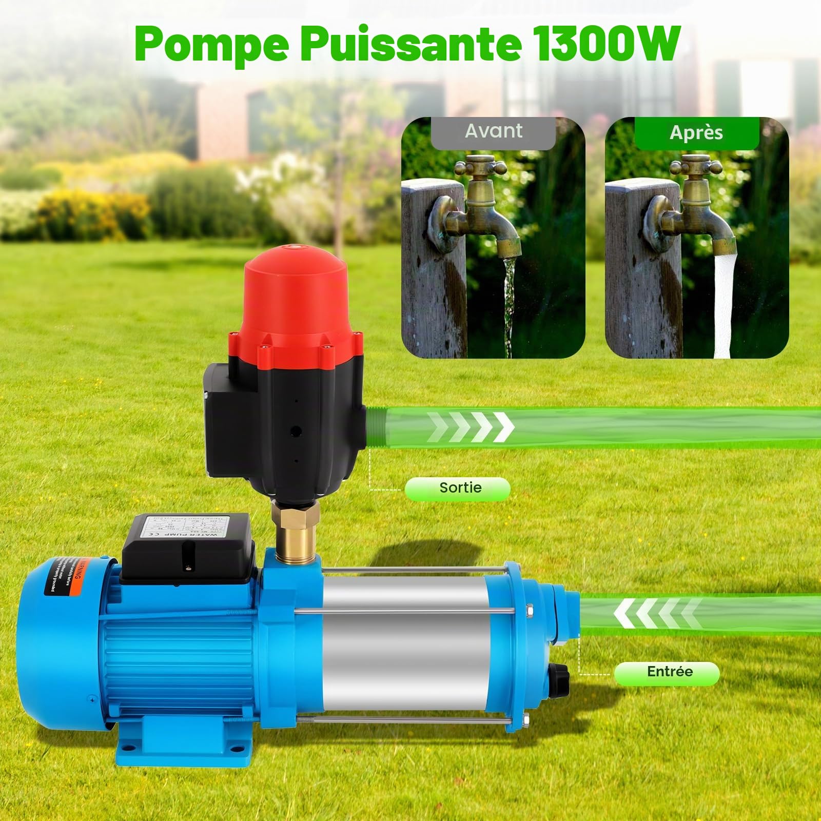 Pompe centrifuge de jardin 1300 W - Pompe à jet professionnelle avec interrupteur à pression - Pour arrosage des fermes, des étangs, des étangs - Classe de protection IP44 - Débit maximal