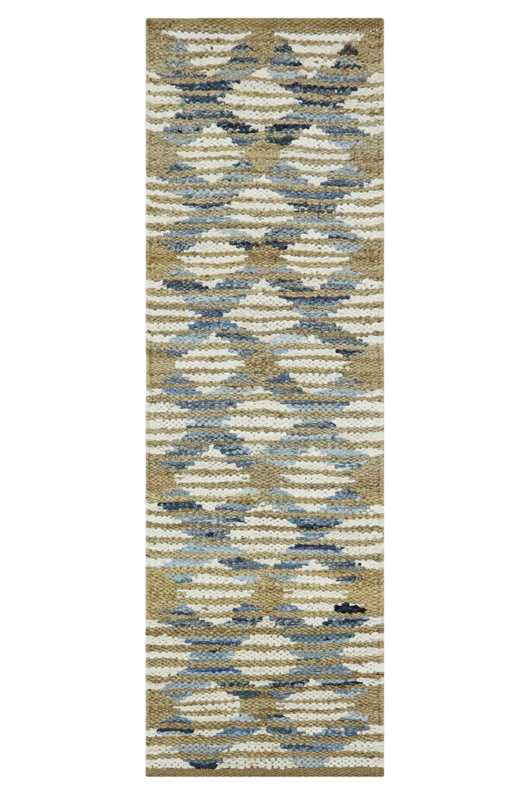 Tappeto in iuta intrecciata a mano, pesante, 6,3 x 35,5 cm, motivo geometrico naturale, blu e bianco, resistente, per interni ed esterni, ideale per corridoio, ingresso, scale, corridoio