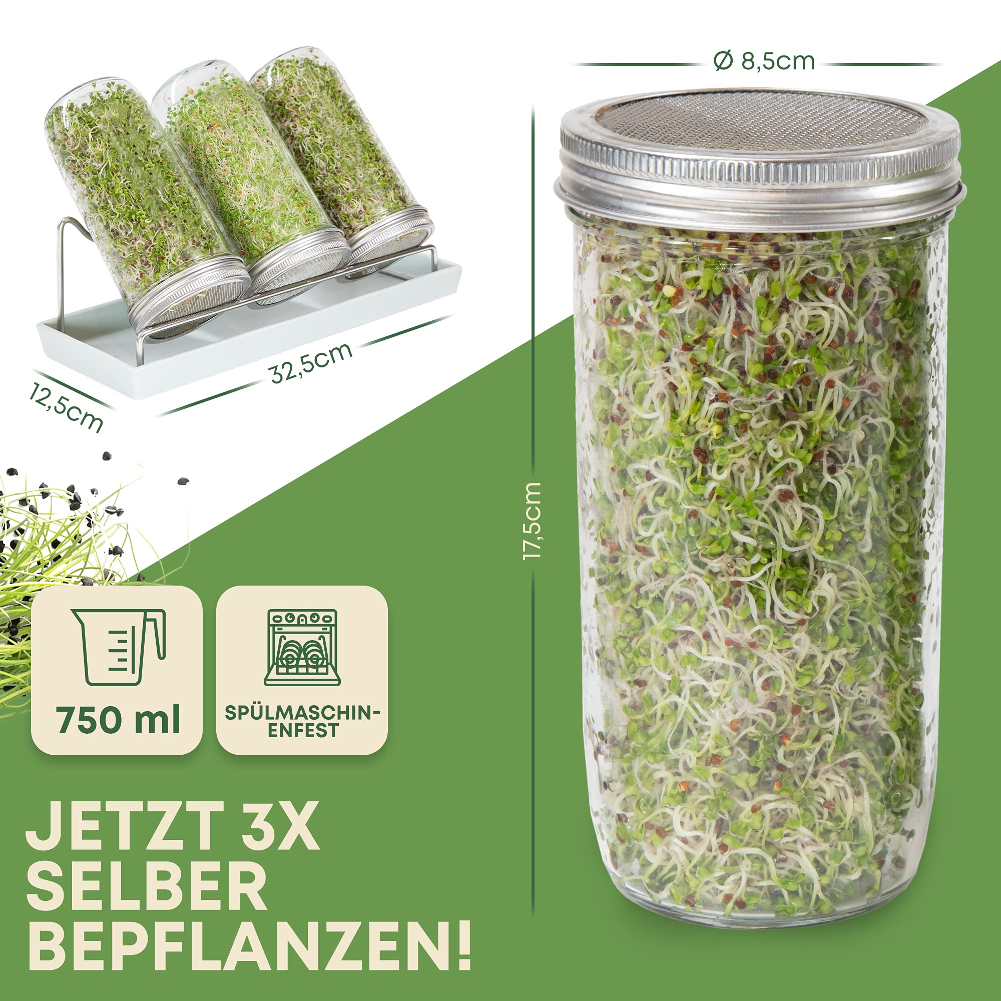 Lot de 3 bocaux à germer en verre - Gris - Avec couvercle et passoire en acier inoxydable de qualité supérieure - Pour la culture des pousses - Pour germer les échelons