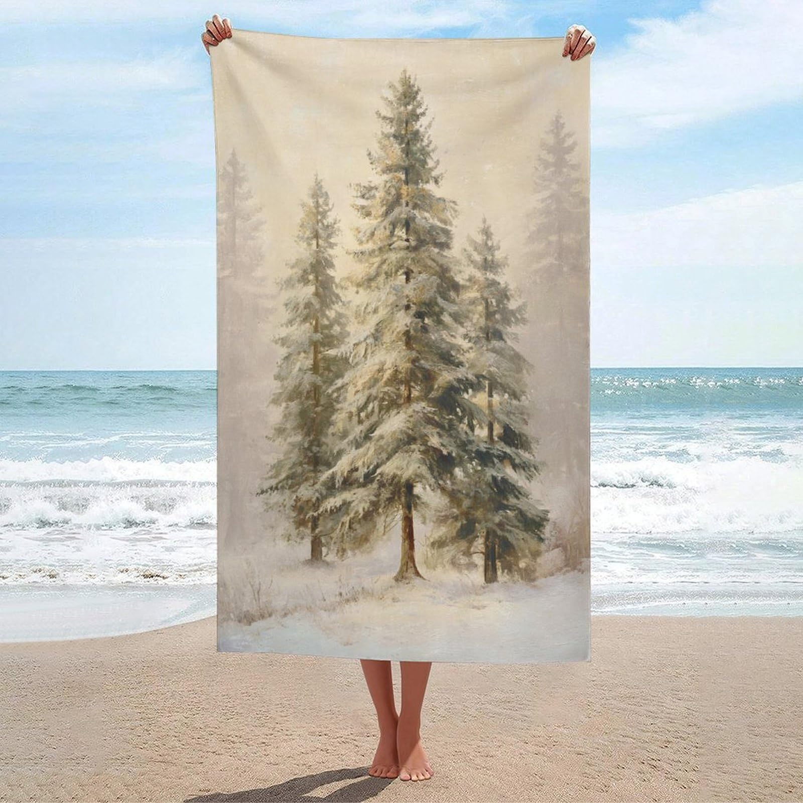 LSRCPD Vintage Winter Landscape Tall Pine Trees Beach Towel Sand Free Microfiber Large Shower Towels Multipurpose Absorbent for Bathroom Pool 130x80 CM