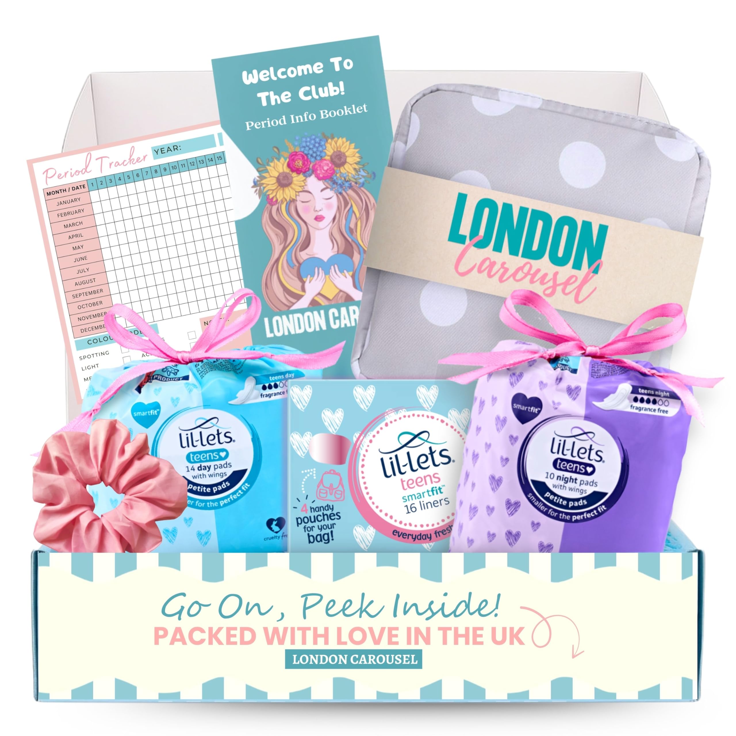 First Period Kit for Girls No Tampons - Emergency Kit Bag for Girls with Sanitary Pad Storage Bag, Teen Sanitary Towels, Lil-Lets Teens Liners, Hair Scrunchie, Period Info Booklet and Period Tracker