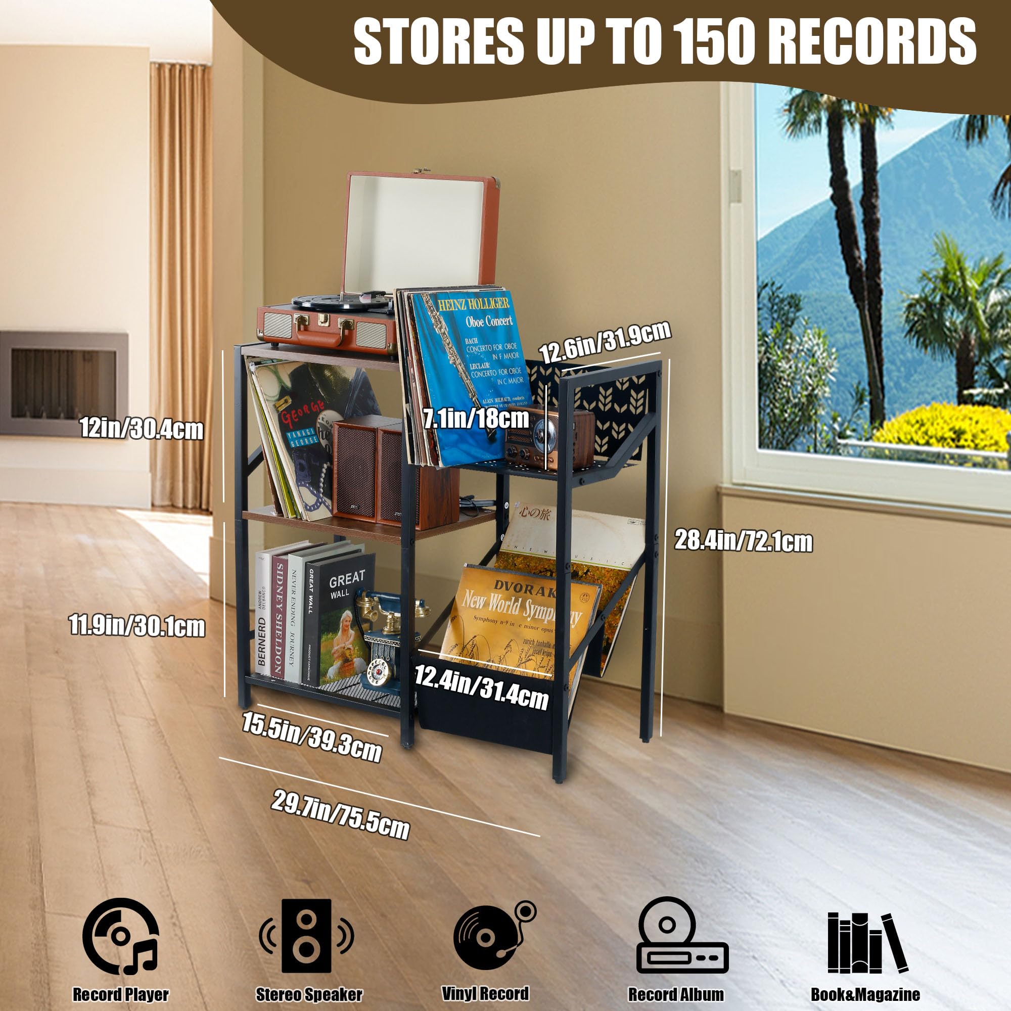 Supporto per dischi in vinile a 3 livelli, grande supporto per dischi per fino a 150 album, supporto per dischi nero con contenitore per dischi, mobile stereo, scaffale da tavolo per giradischi per