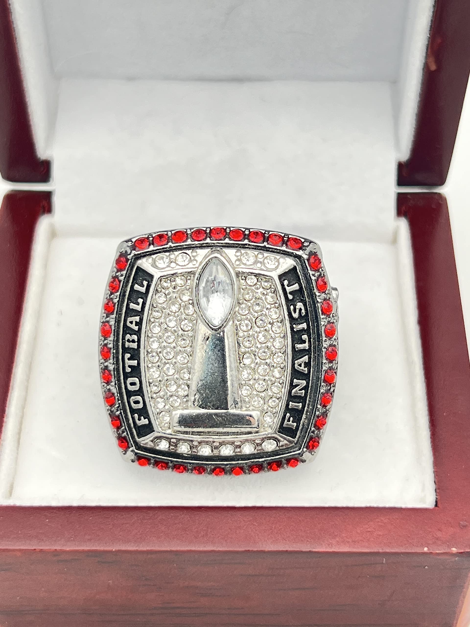 Discount Sports Rings USA Deluxe Football Championship Award/Football Player Ring/Team Award/Gunmetal Body Assorted Color and Gemstone (9, Finalist, Red)