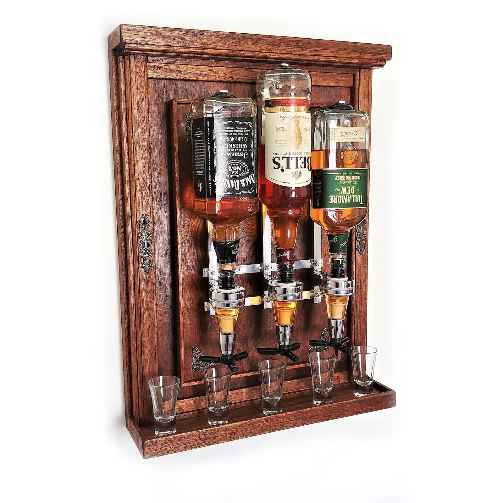 3 botellas ópticas para bar del hogar, soporte montado en la pared, dispensador de vino, juego de vasos Optic Spirit para bar de acero para el hogar y pub (3 botellas)