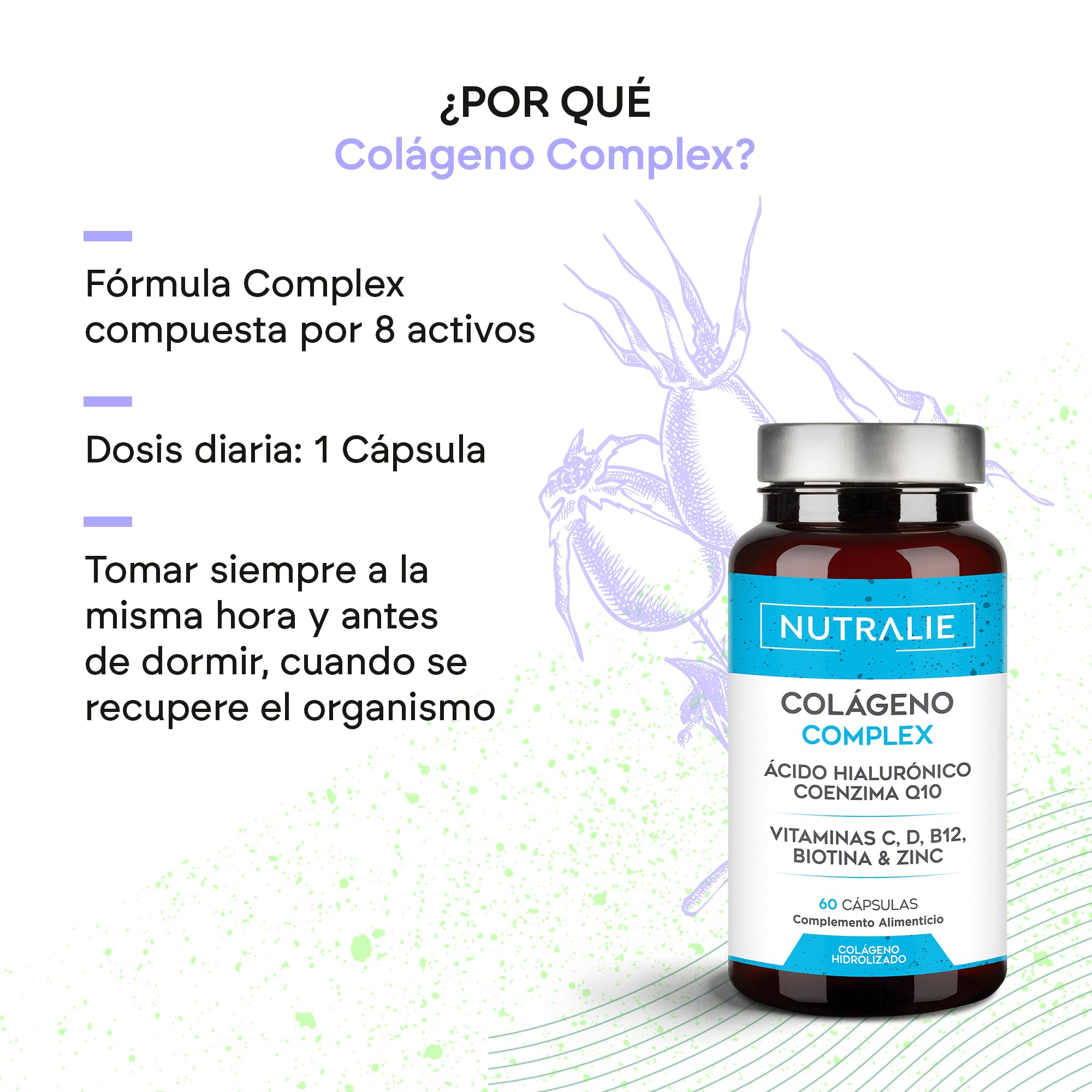 Colágeno Ácido Hialurónico - Hidrolizado + Biotina + Q10 - Piel Cartílago - Vit C D B12 y Zinc - Collagen Complex - 60 Cápsulas Nutralie
