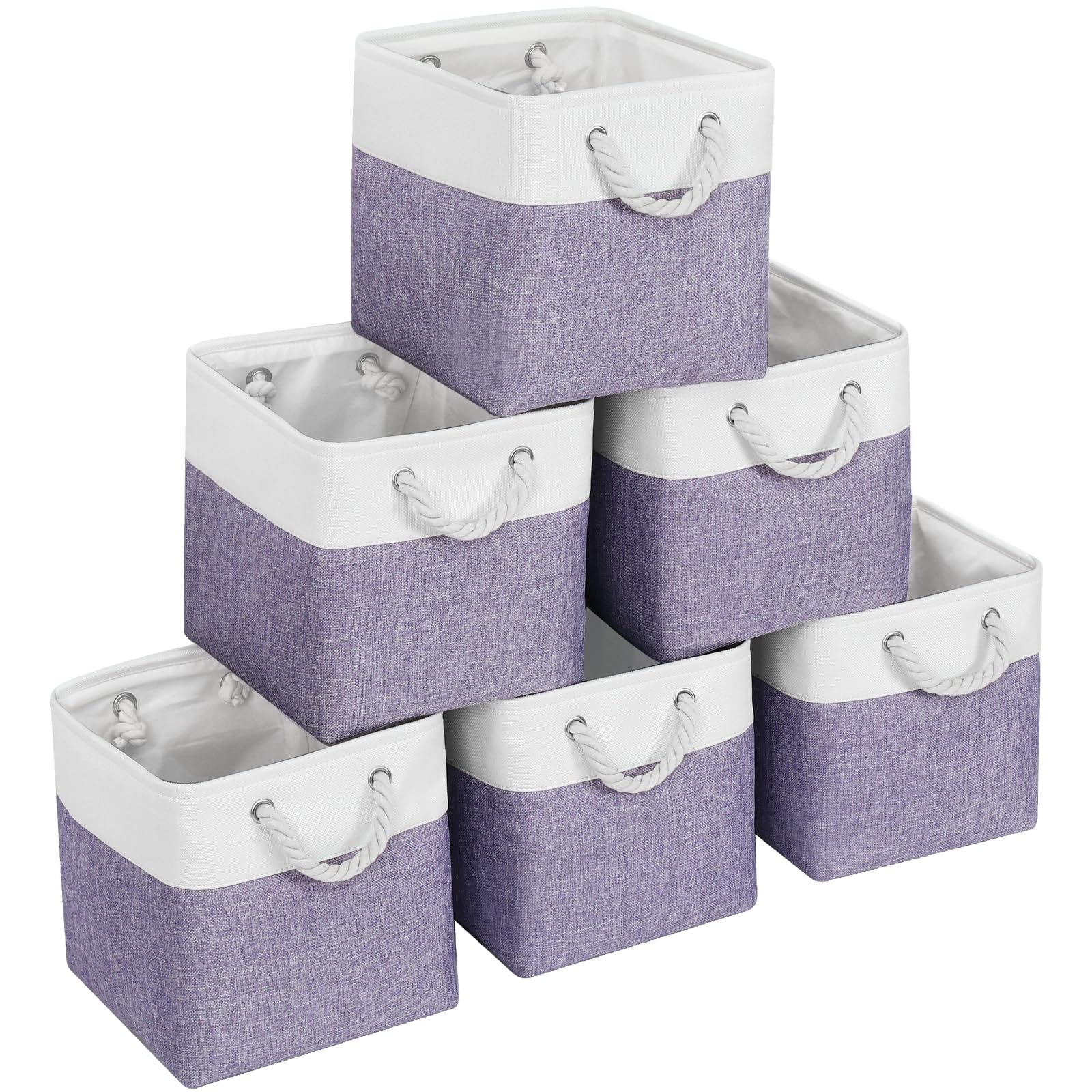 Photo 1 of Large 11x11 Inch Cube Storage Bins with Cotton Handles for Closet, Shelves, Clothes, Toys, Towel (White/Purple-6 Pack)