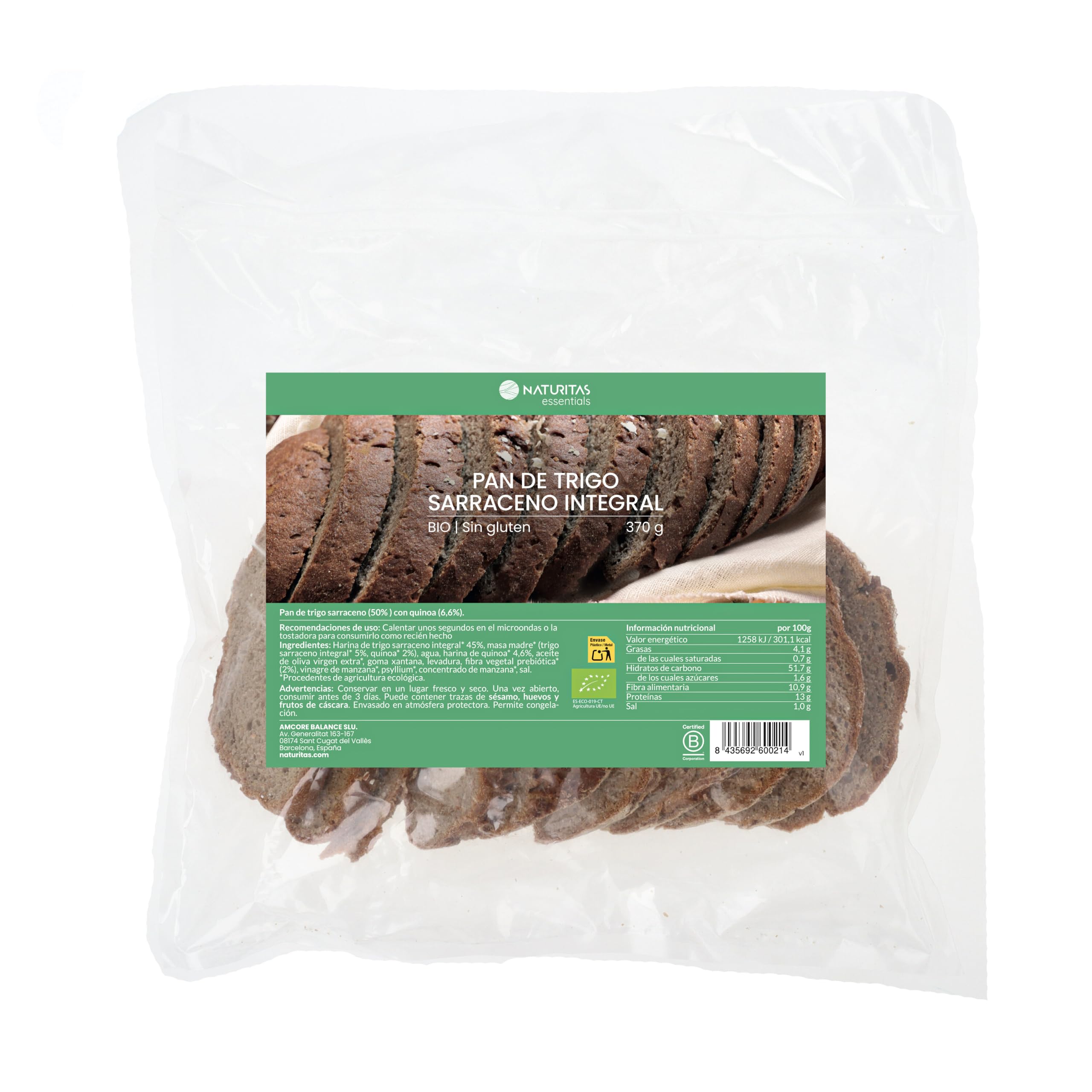 Pain de campagne au blé entier sarrasin bio sans gluten 370 g