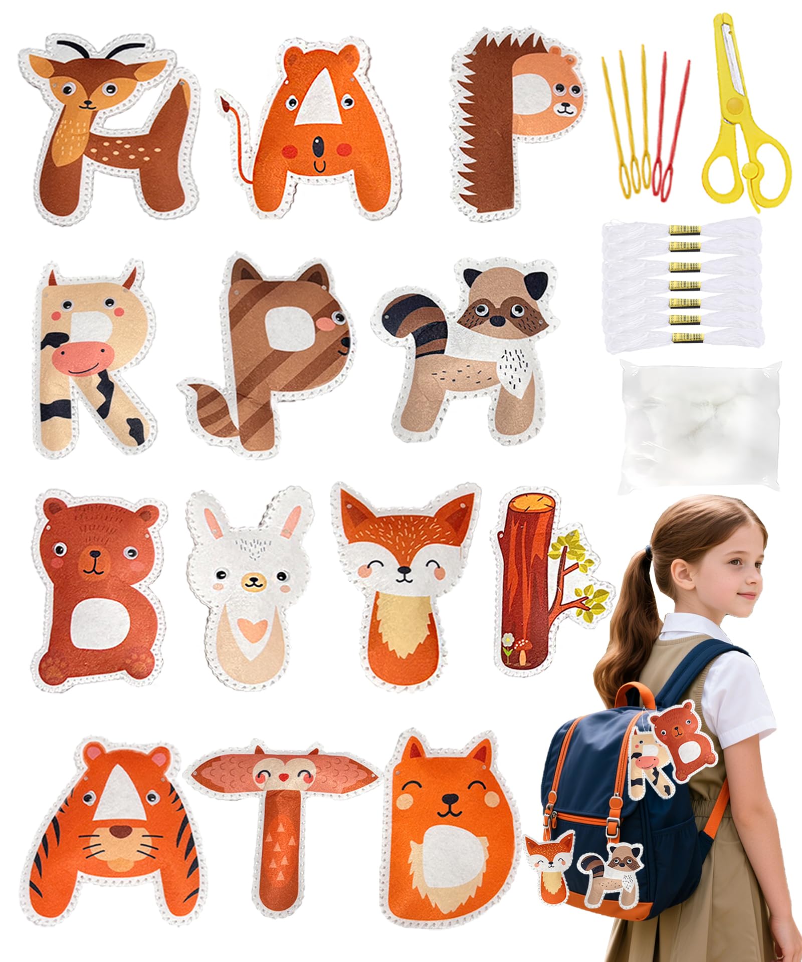 Beiktehy Children's Sewing Set, 13 Pieces, Sewing Children, DIY Kiddy Miracle, Sewing Fun, Animal Shapes, Letter Shapes, Creative Sewing Set from 6 Years, Craft Set Craft for Cuddly Toys, Children's