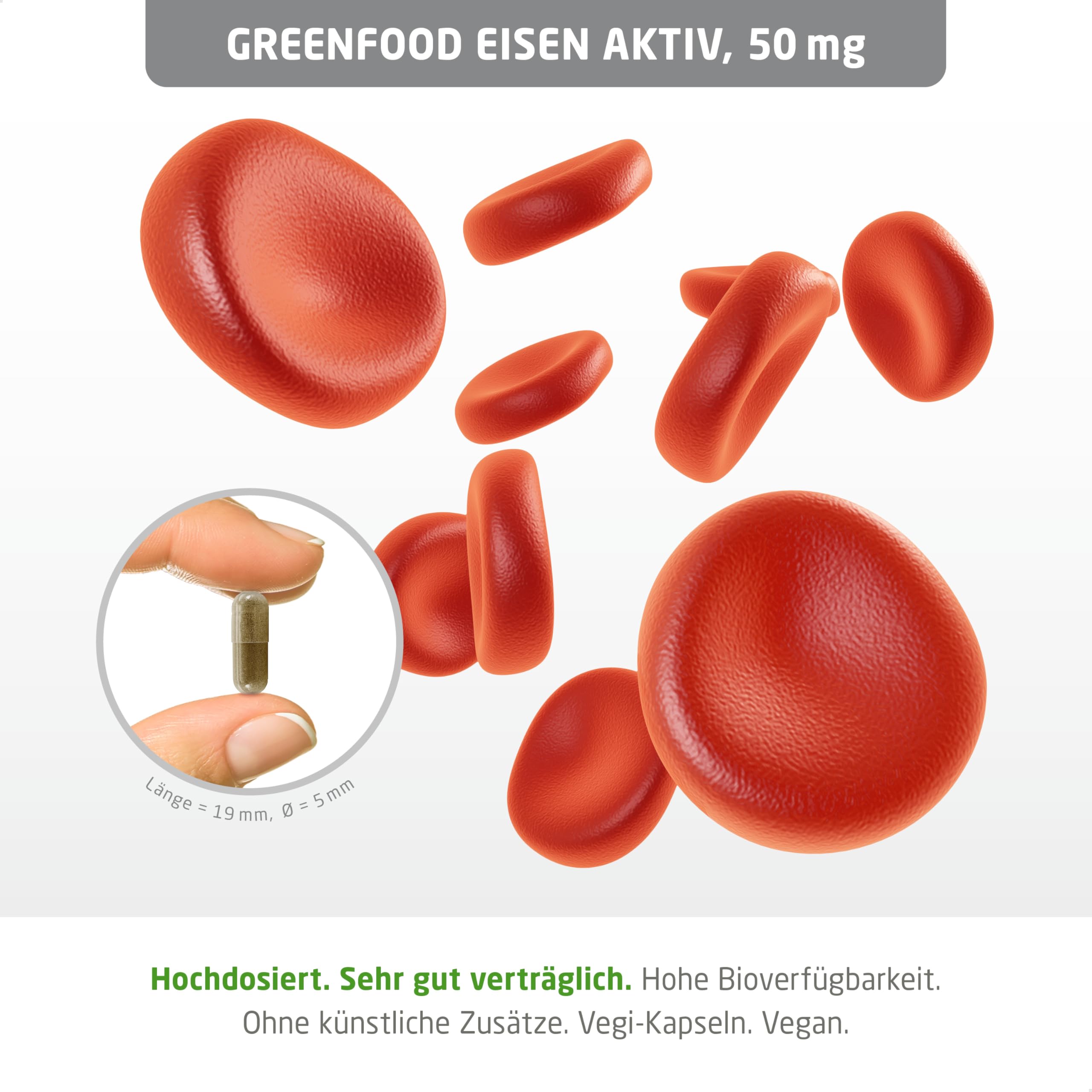 Eisen aktiv, hochdosiert, 50mg - 150 Kapseln, vegan. Eisenbisglycinat + Vitamin C - gegen Eisenmangel. Hohe Bioverfügbarkeit - gut verträglich. OHNE künstliche Zusätze - laborgeprüft. Von Greenfood.