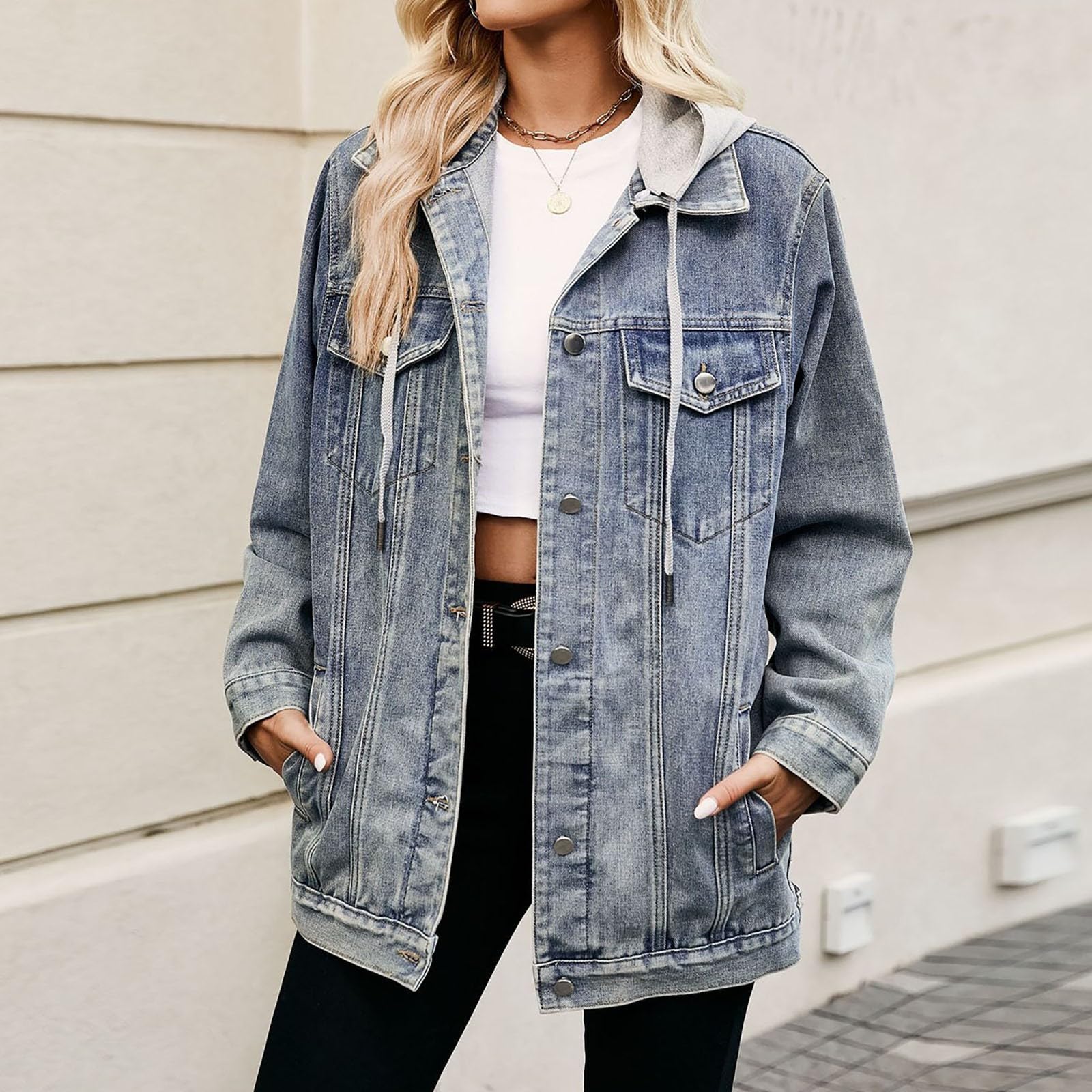 Generisch Chaqueta vaquera para mujer, con forro de gran tamaño, chaqueta vaquera larga con capucha, chaqueta vaquera cálida de invierno, chaqueta acolchada de manga larga con botones y bolsillos