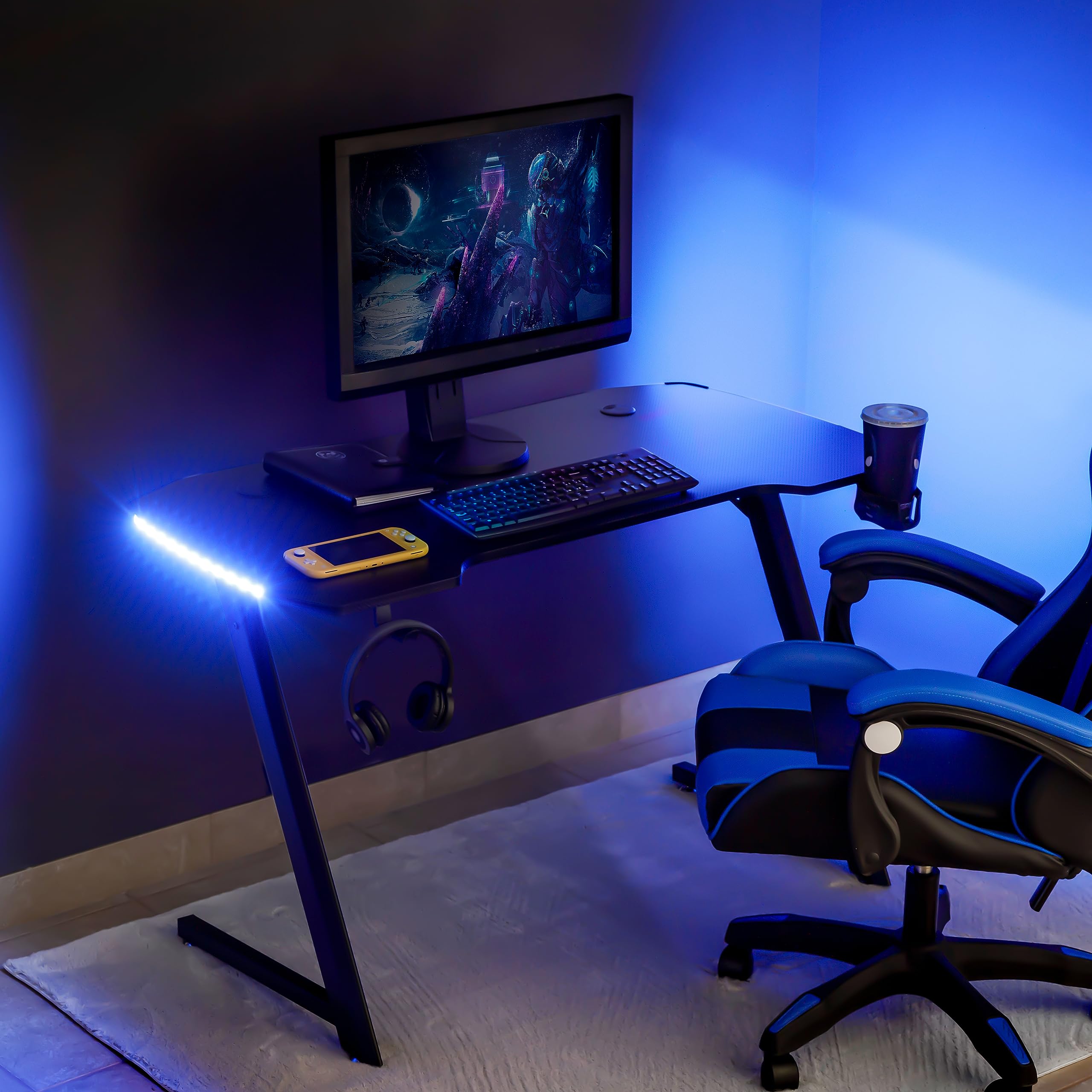 Baroni Home Ergonomischer Gaming-Schreibtisch mit Ständer und Haken für Kopfhörer und Becherhalter, Spieltisch aus MDF und Stahl, mit bunten LED-Lichtern, 100 x 60 cm