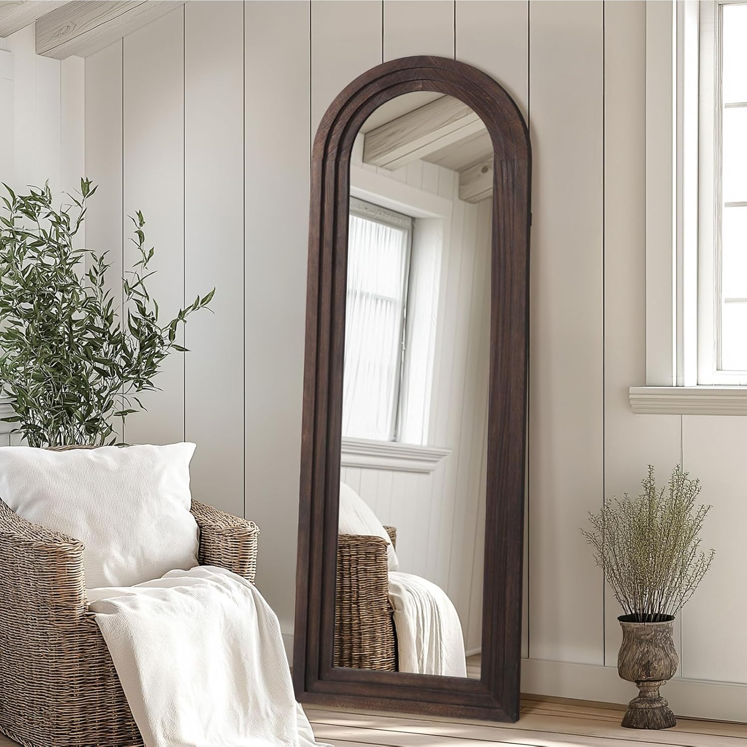 Rustic Wood Floor Full Length Mirror with Stand, 64"X21" Farmhouse Arched Free Standing Mirror for Bedroom Living Room Store, Leaning or Wall Mounted, Tempered Glass, Brown - Image 3