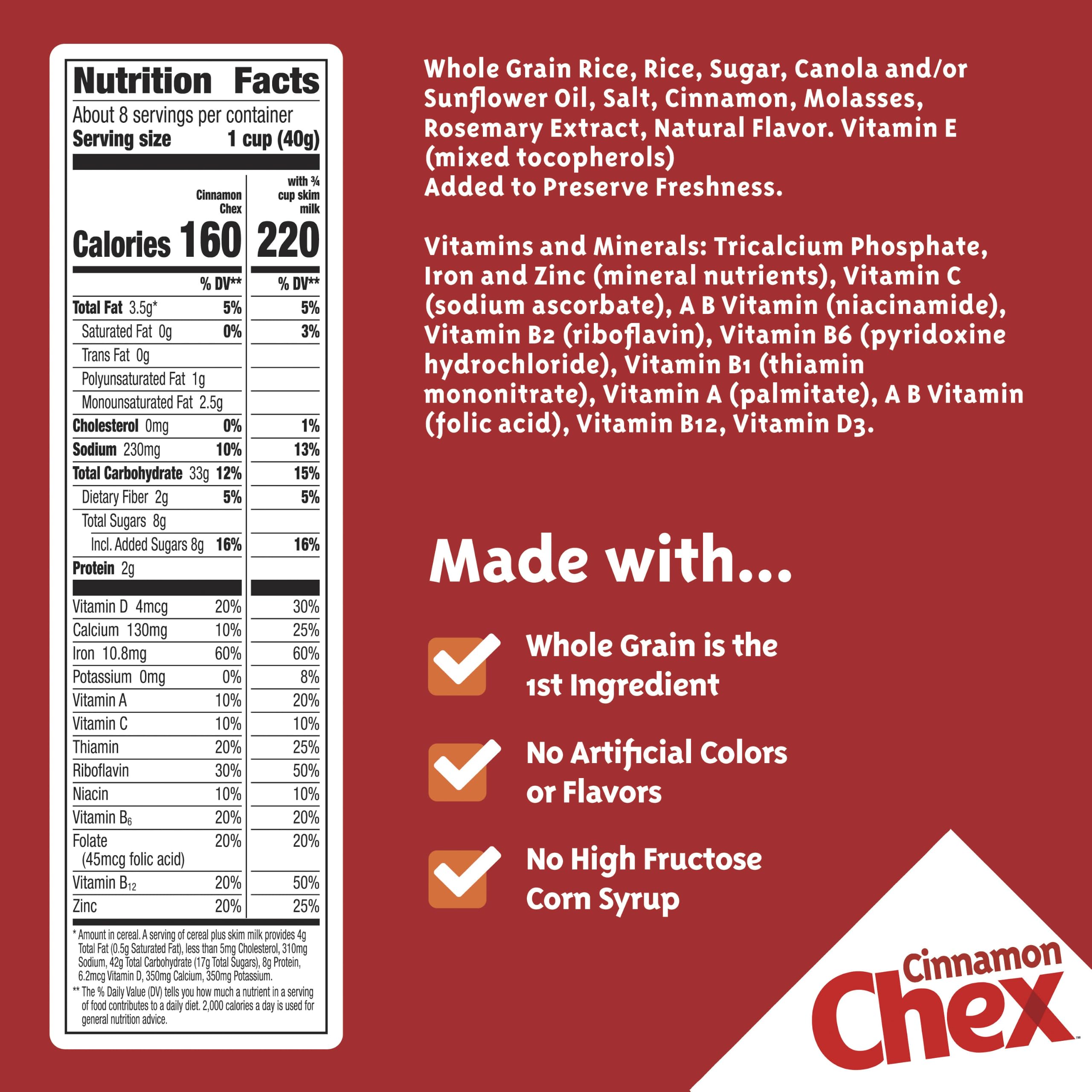Cinnamon Chex Cereal, cereal de desayuno sin gluten, hecho con grano entero, 12 onzas