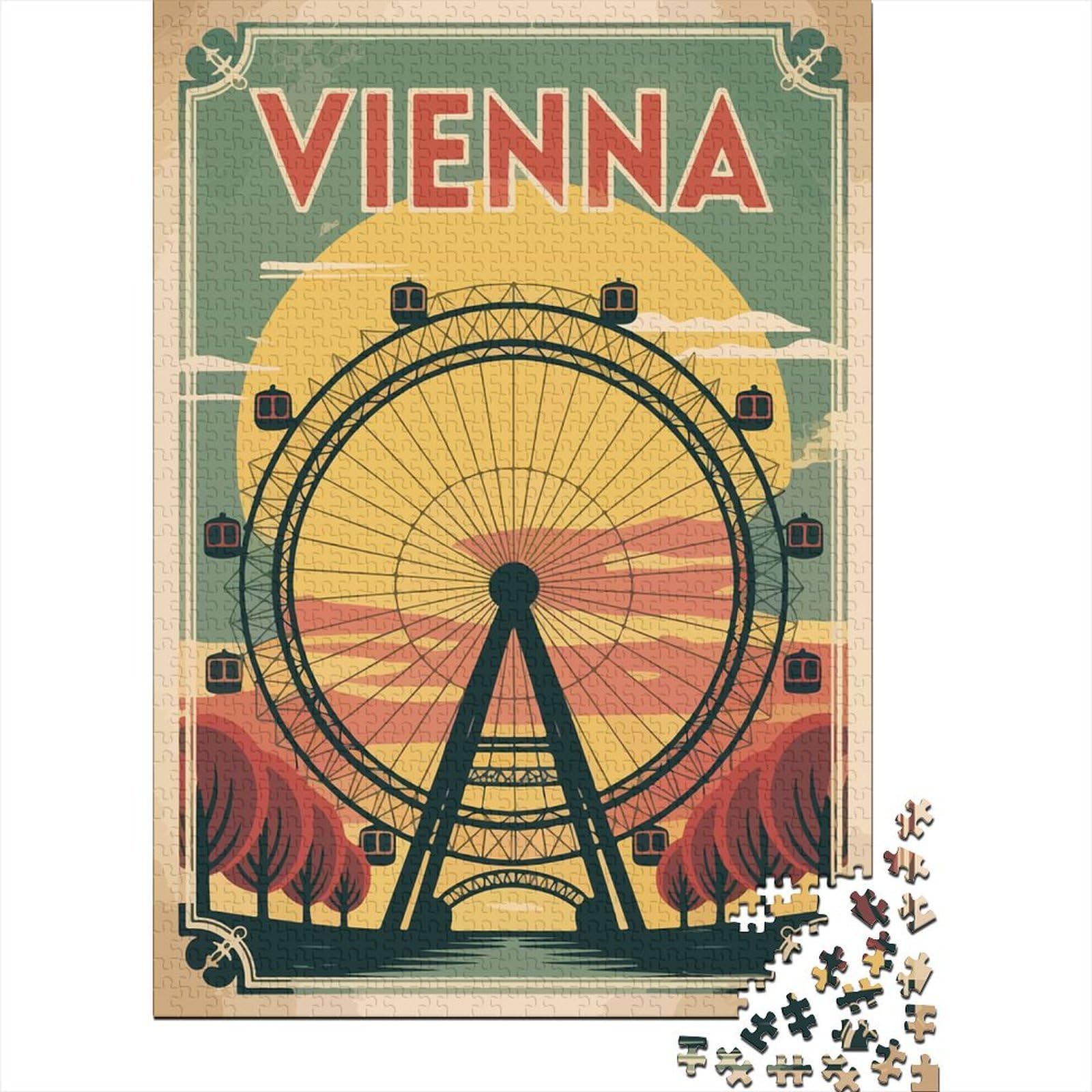 Vienna Ferris Wheel Vintage Travel Poster 1000 Piece Jigsaw Puzzle, Asian Architecture Inspired View, 1000 Pieces for Adults, for Adults, Mindful Activity, 70x50cm/1000pcs