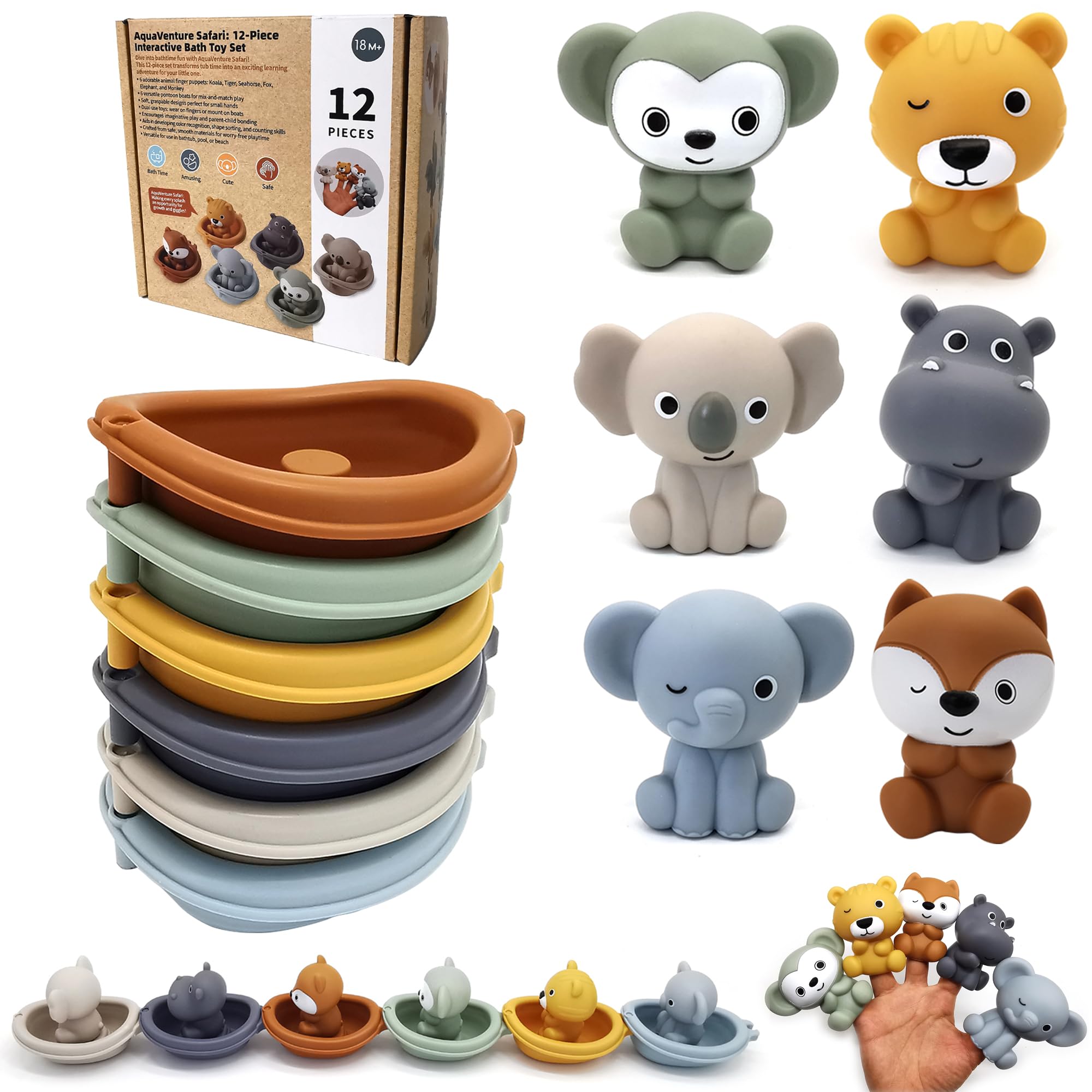 Bath Toys Floating Boats, 12 Pcs Baby Bath Toys 6-12 Months - Soft, Squeezable & Float on Water, Silicone Bath Finger Puppets for Toddlers Animal Bathtub Toys for 1 2 3 4 5 Boy Girl Kids (12)