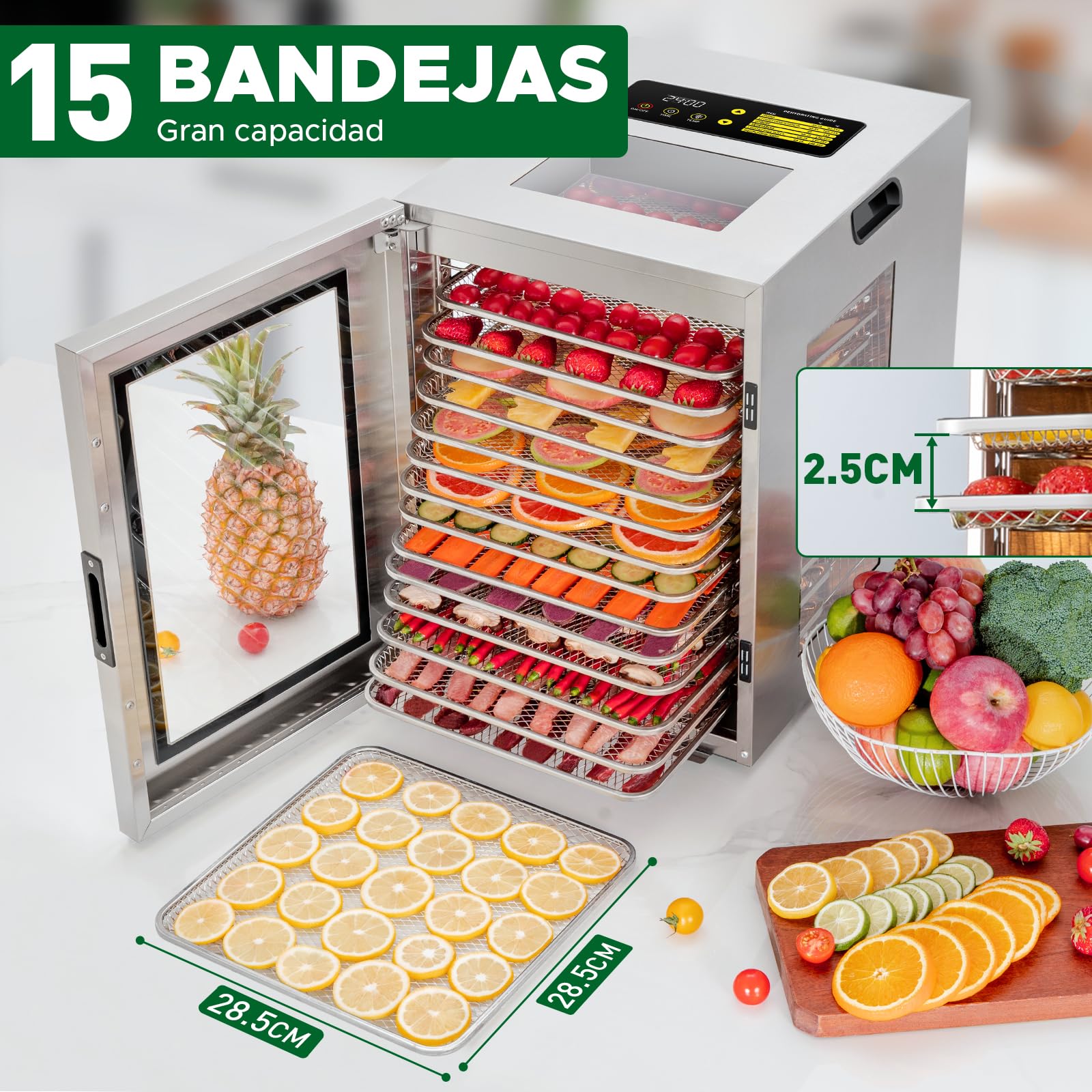 Kwasyo Deshidratador Alimentos 15 Bandejas Inox, 1200W Doble Ventilador, para Carne, Fruta, Snacks Perros, Hierbas, Temp. Ajustable 90°C, Temporizador 24H, Ventanas Múltiples, Secado Potente