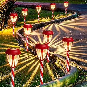 Dynaming 10Pack Solar Christmas Garden Lights, Outdoor Solar Powered Solar Candy Cane Pathway Markers, Waterproof & Auto On/Off Xmas Decorative Lights for Patio Yard Walkway Driveway Decor, Warm White