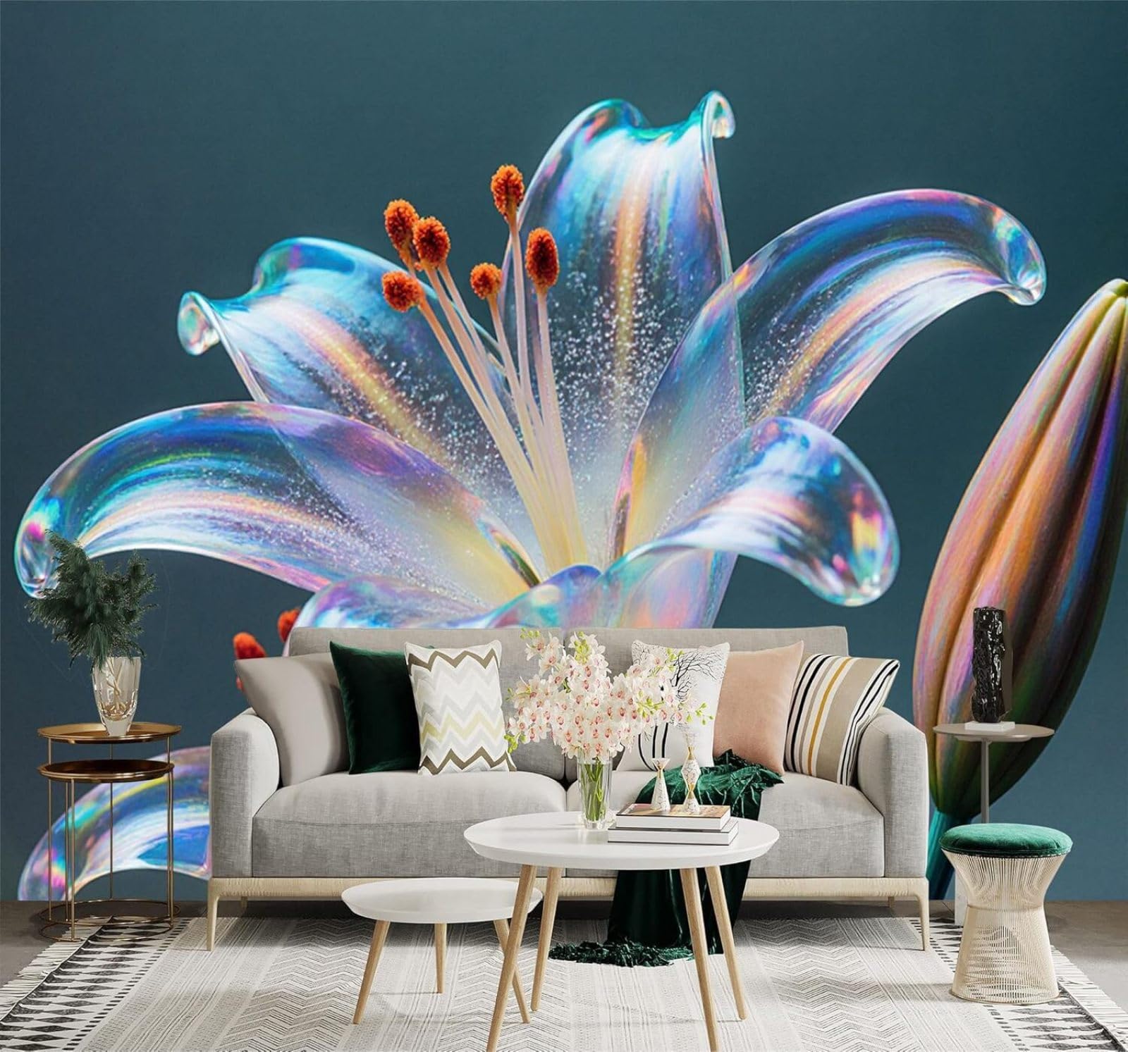 XLMING Rainbow Lily Petals Buds Elegance Botanical Art 3D Wallpaper Premium Textured Silk Study Dining Living Room Bedroom Sofa TV Wall Easy Install-400cm×280cm