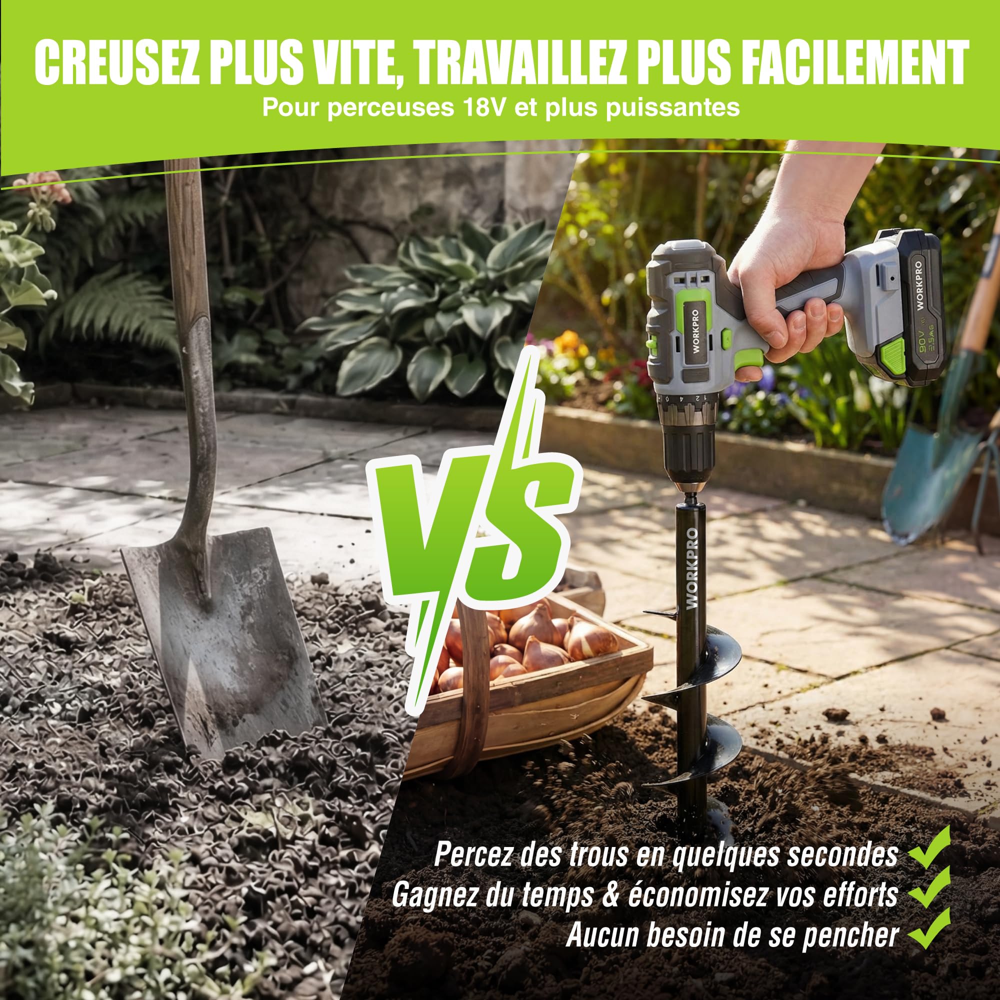 WORKPRO Mèche Jardin Tarière Ø 80 et Ø 40 mm 2 Pièces, Forets de Jardin en Spirale, Outil de Plantation Pratique pour Faire Rapidement Trou et Planter des Fleurs Arbres Arbustes