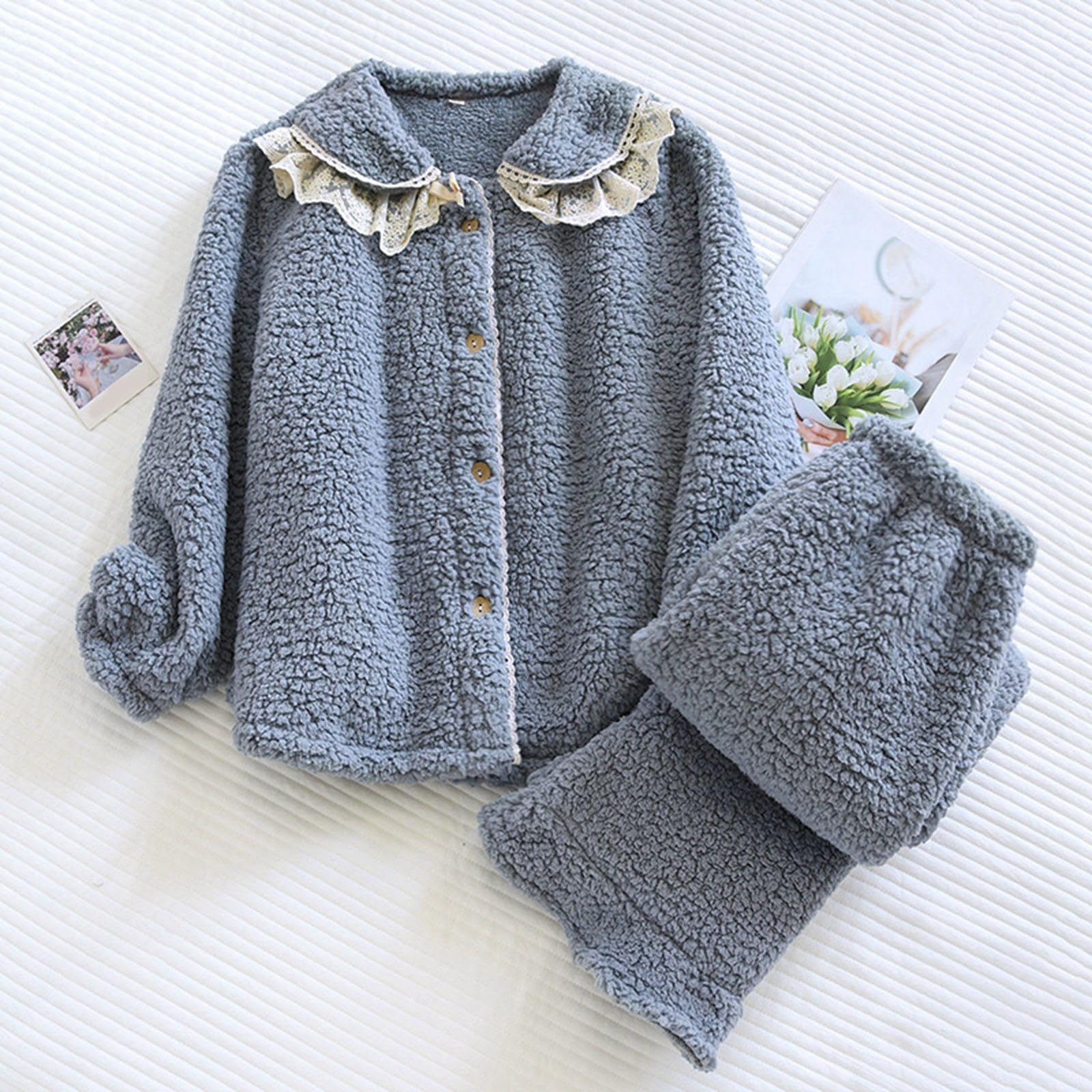 Pijama largo de franela para mujer, juego de pijama de felpa cálido, traje de casa de dos piezas, ropa de salón con botones, para invierno, cómodo, suave, ropa de dormir térmica