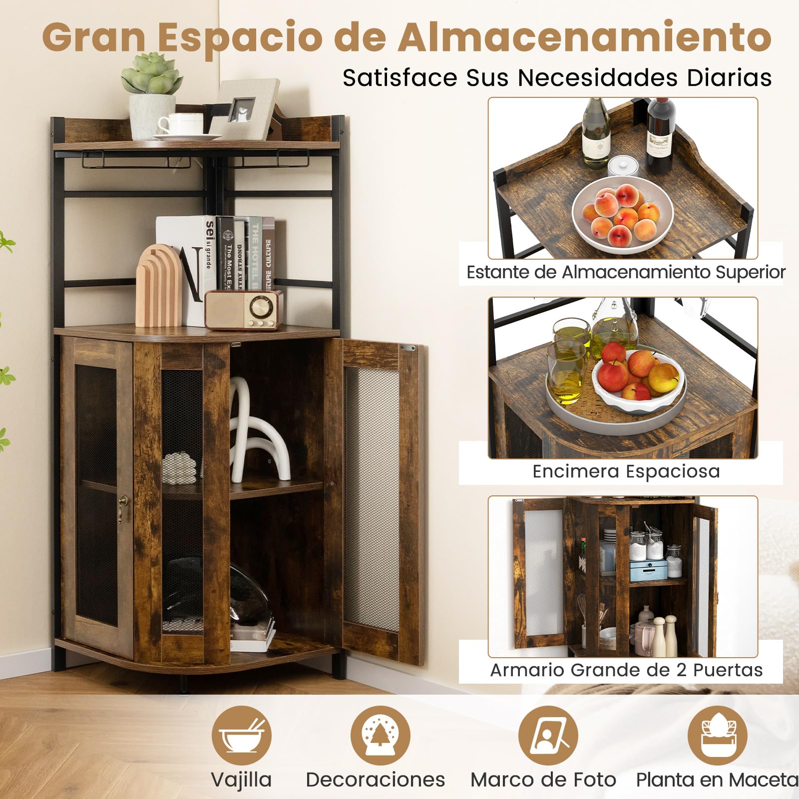 GIANTEX Armario de Vino Esquinero con Puertas de Malla Metálica, Estantería de Almacenamiento con Soporte para Copas de Vino, Estante Ajustable, Aparador para Bar, Comedor, Salón (Marrón Oscuro)
