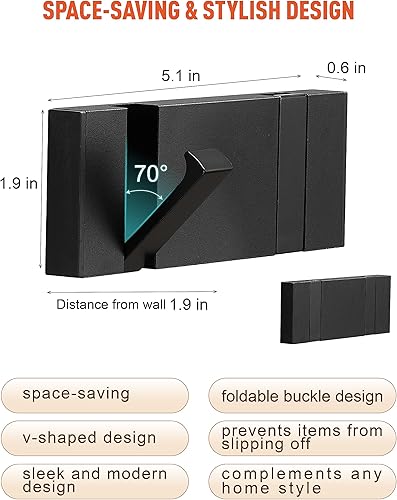 Miniatura 3 de Paquete de 2 ganchos de pared negros impermeables modernos, ganchos plegables para toallas para baños, ganchos para abrigos montados en la pared,