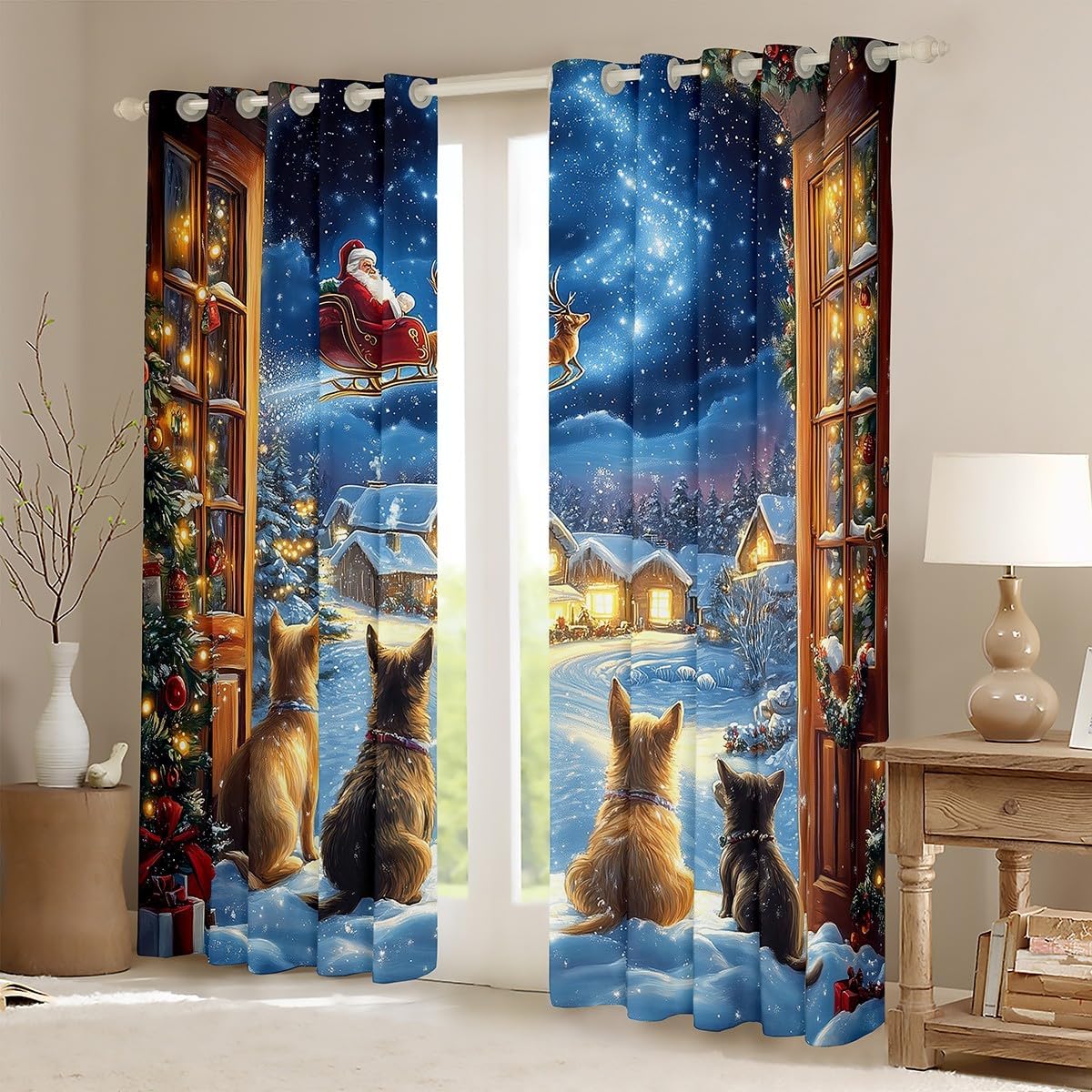 Merry Christmas Window Curtain,Santa Claus Elk Dogs Cute Animals Blackout Window Curtains for Girls Boys,Blue Stars Galaxy Winter Xmas Night Window Treatment Curtains for Living Room, 38Wx45L inch