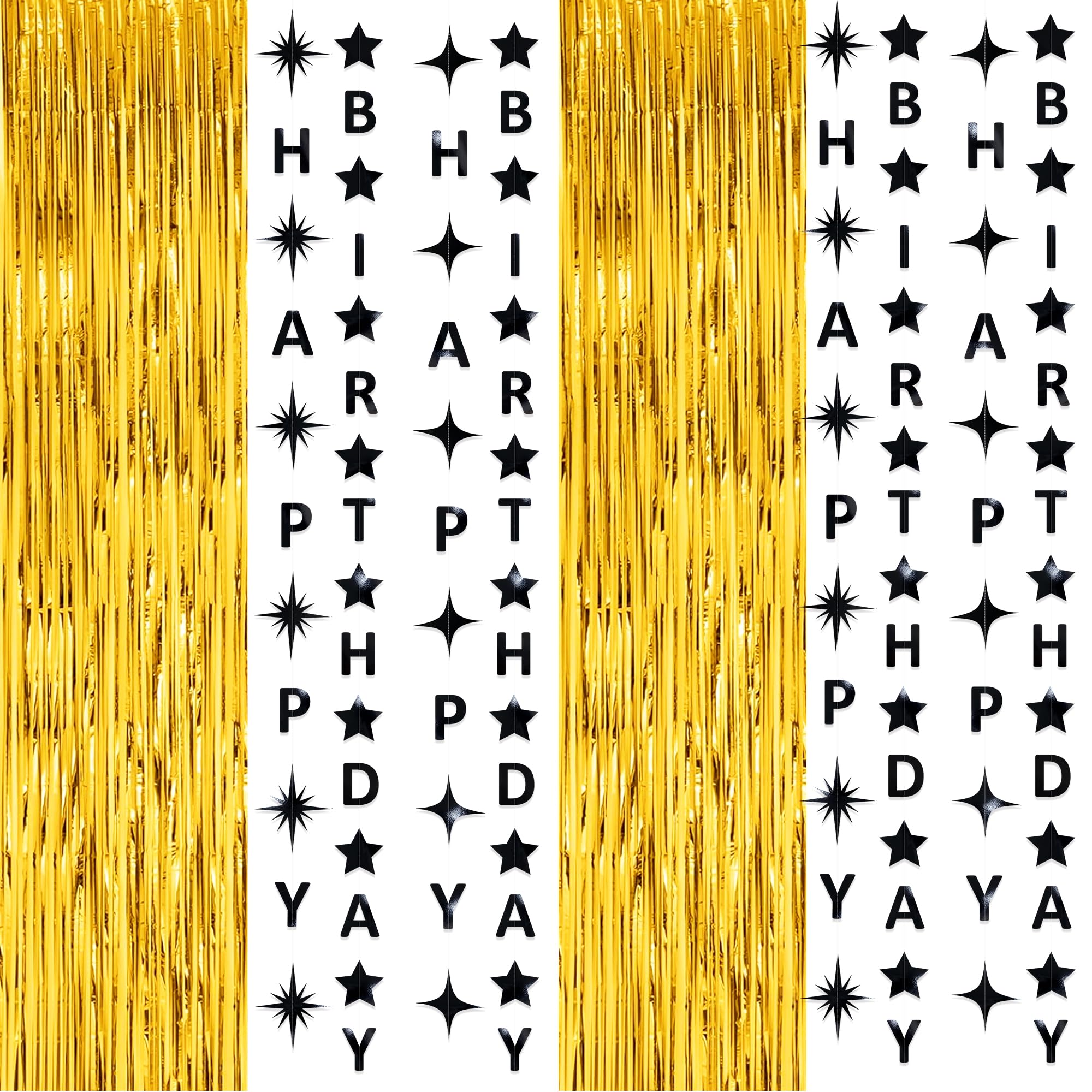 Black Gold Happy Birthday Party Decorations Metallic Happy Birthday Twinkle Star Garland Banner Hanging Tinsel Foil Fringe Curtains Streamer Backdrop for Women Mens Kids Birthday Party Supplies