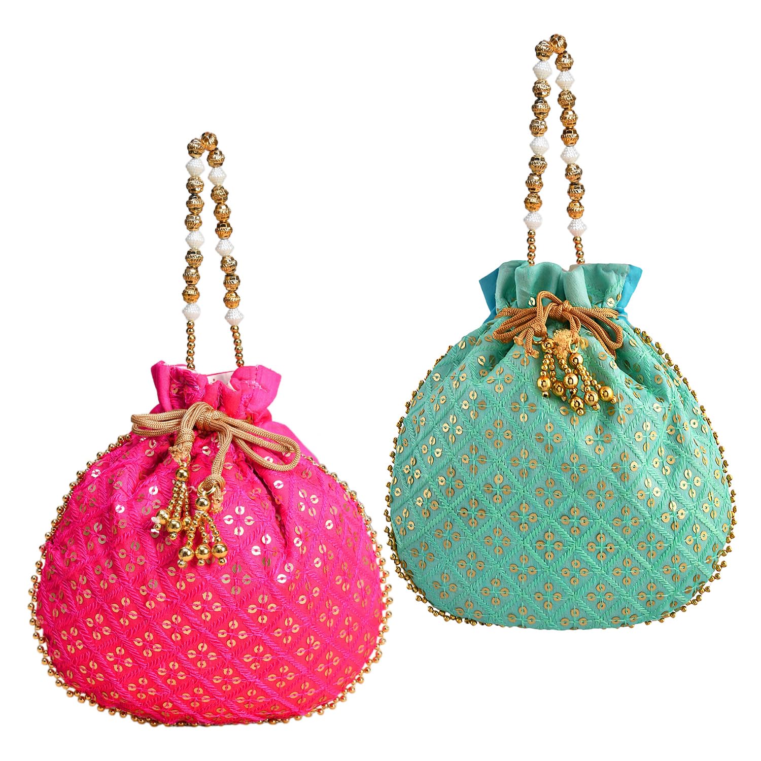 Potli | Silk Wedding Potli | Drawstring Closure Potli | Wallet Potli | Christmas Gift Potli | Baby Shower Potli | Traditional Shagun Potli | Single Side Sequins | Pack of 2 | Multi-image-41