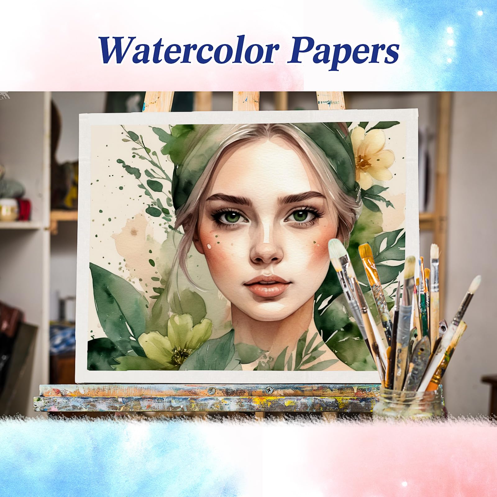 MotiMind Aquarellpapier, Baumwolle, 300 g, 12,7 x 17,8 cm, 15,2 x 22,9 cm, 22,9 x 30,5 cm, 6 Stück, Abdeckband für Papier, 1,5 cm breit, 120 m lang, insgesamt für Künstler, Malliebhaber, Kunstbedarf
